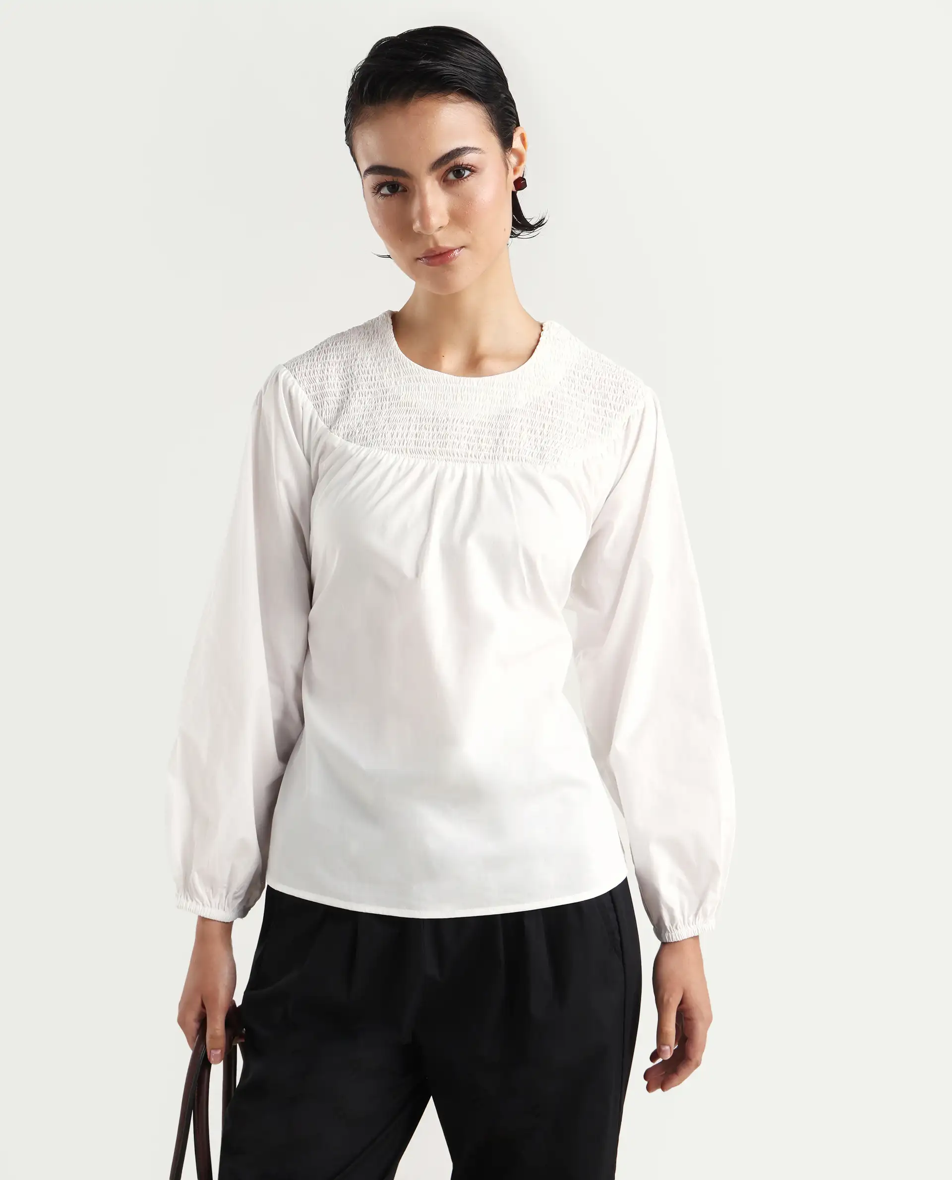 Rareism Women's Cassius White Cotton Crew Neck Plain Volume Sleeve Regular Fit Top