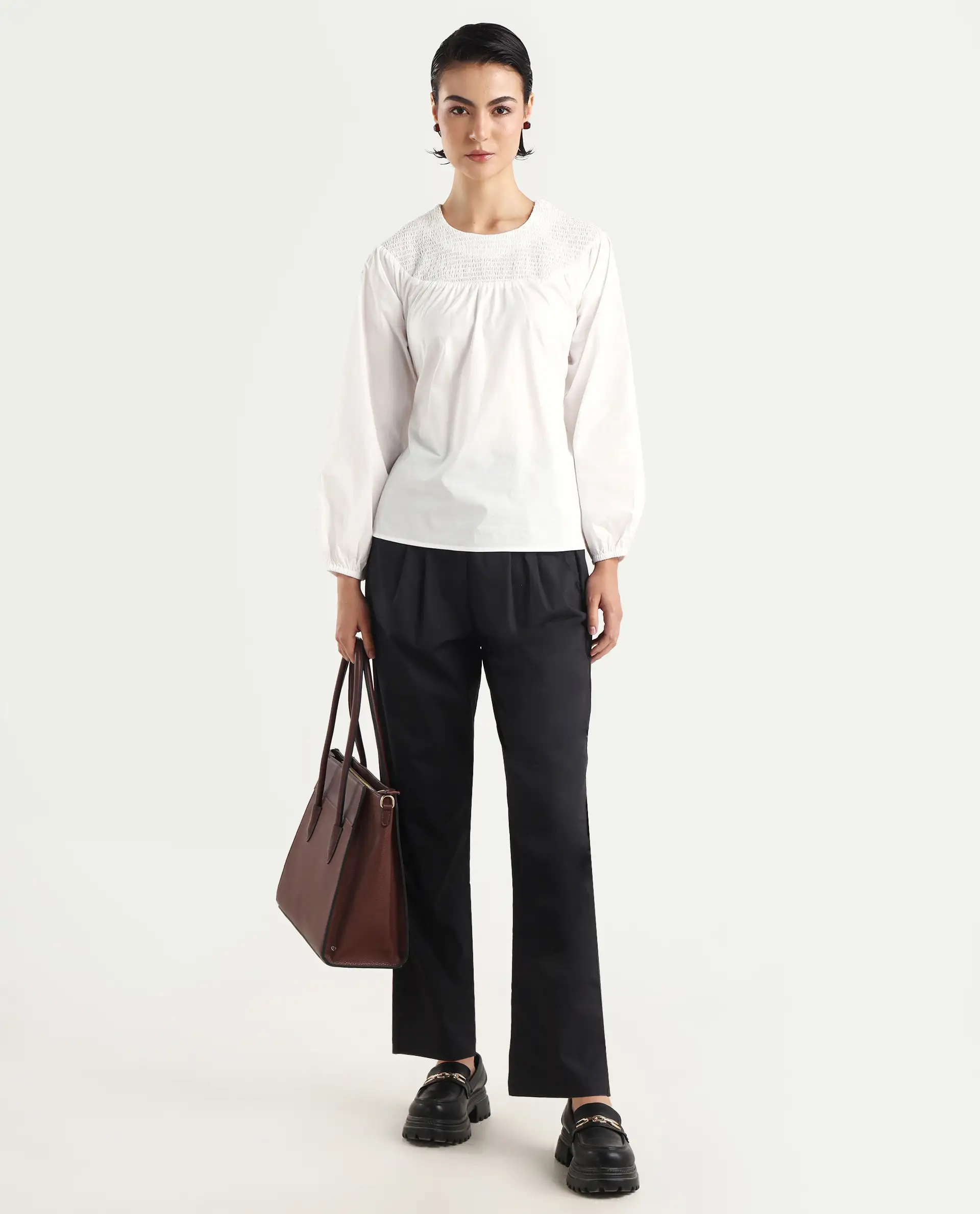 Rareism Women's Cassius White Cotton Crew Neck Plain Volume Sleeve Regular Fit Top - Image 2