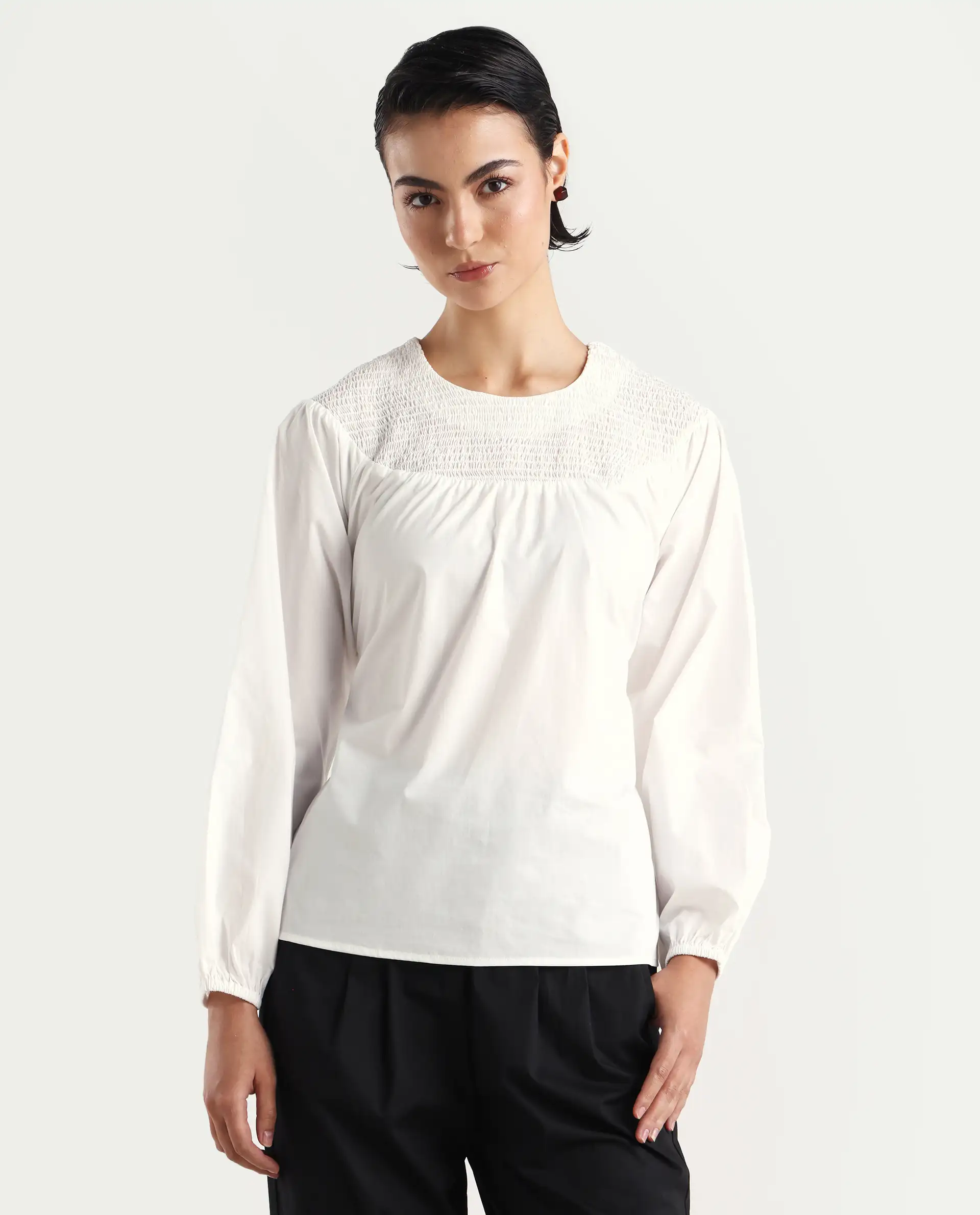 Rareism Women's Cassius White Cotton Crew Neck Plain Volume Sleeve Regular Fit Top - Image 3