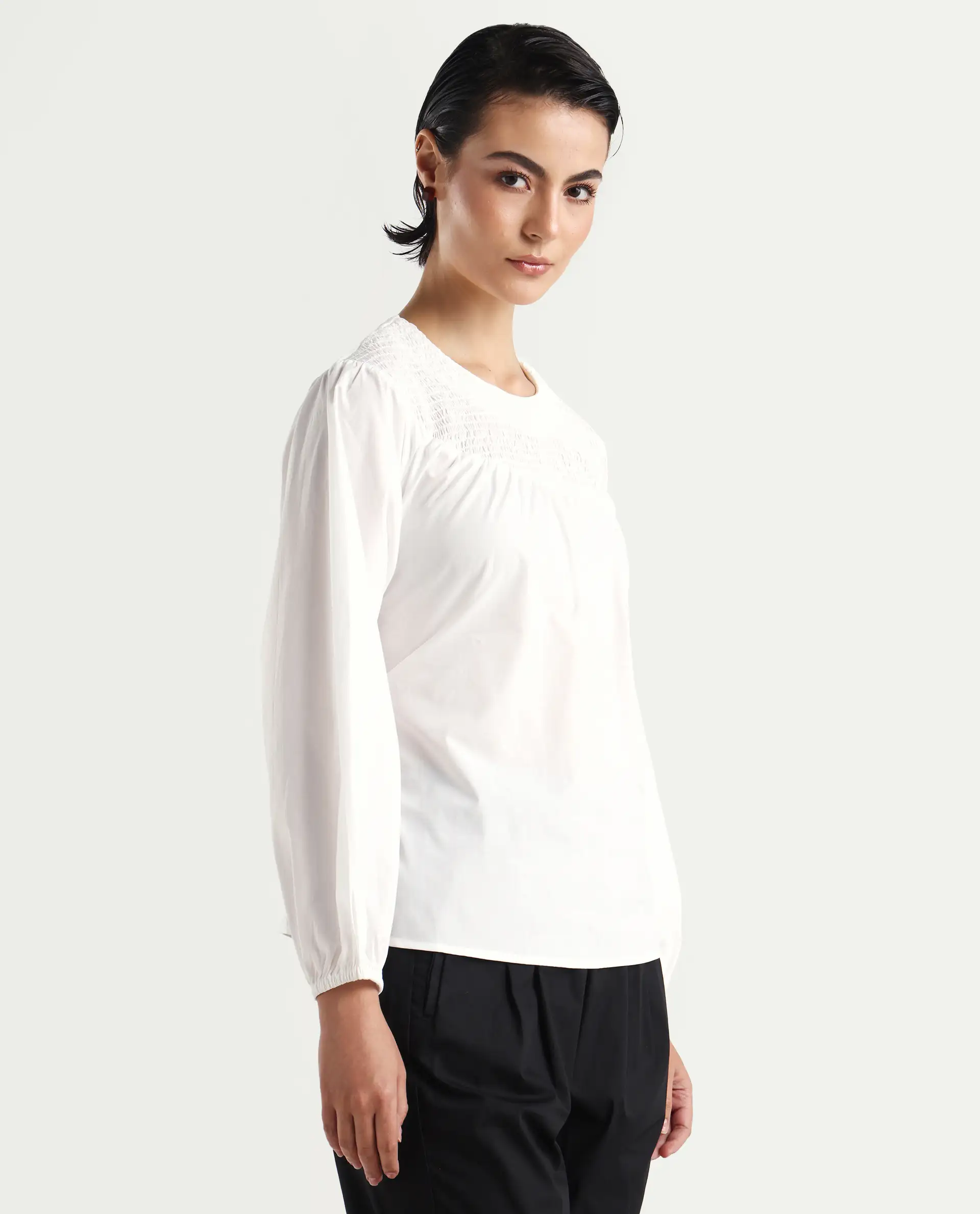 Rareism Women's Cassius White Cotton Crew Neck Plain Volume Sleeve Regular Fit Top - Image 6
