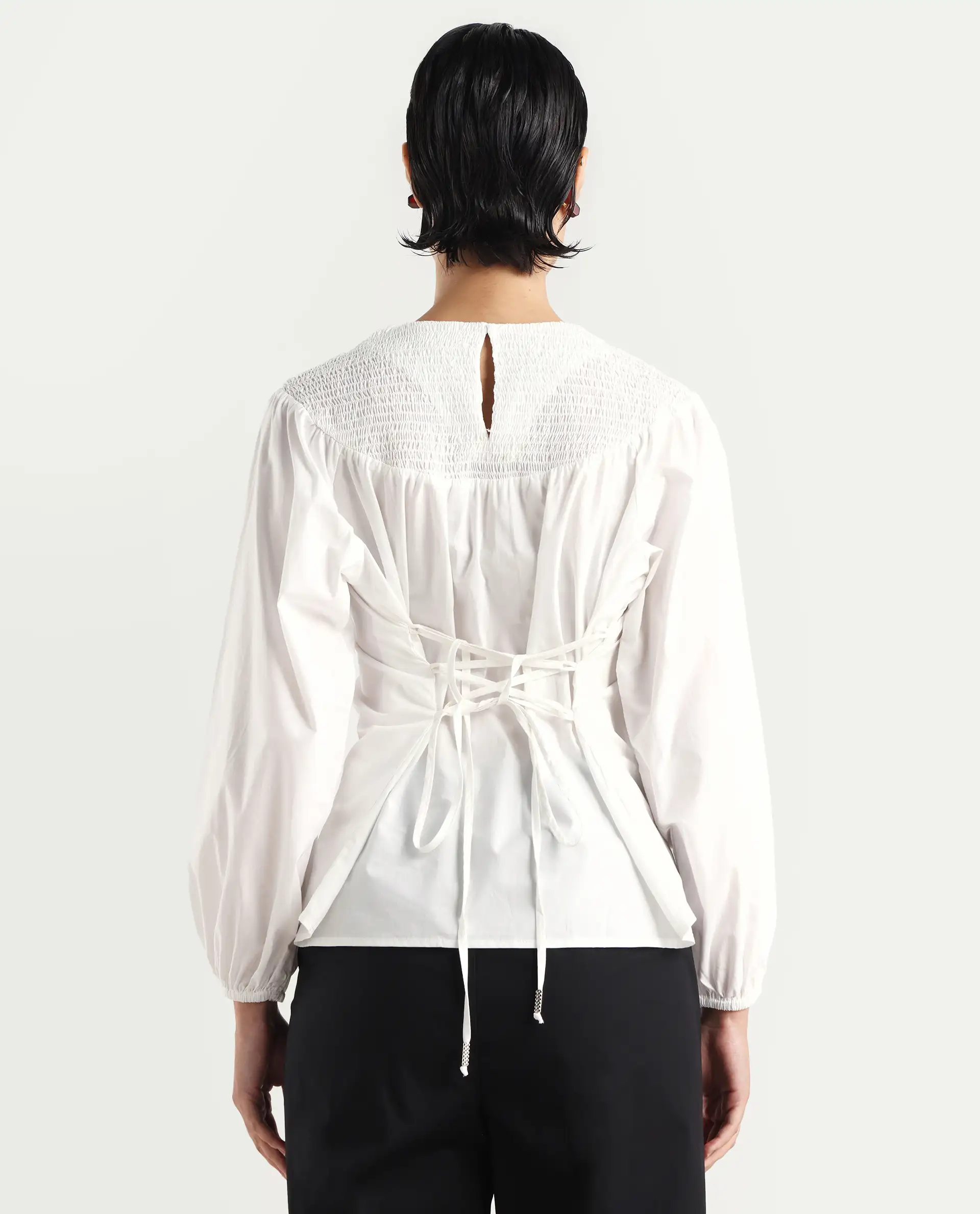 Rareism Women's Cassius White Cotton Crew Neck Plain Volume Sleeve Regular Fit Top - Image 7