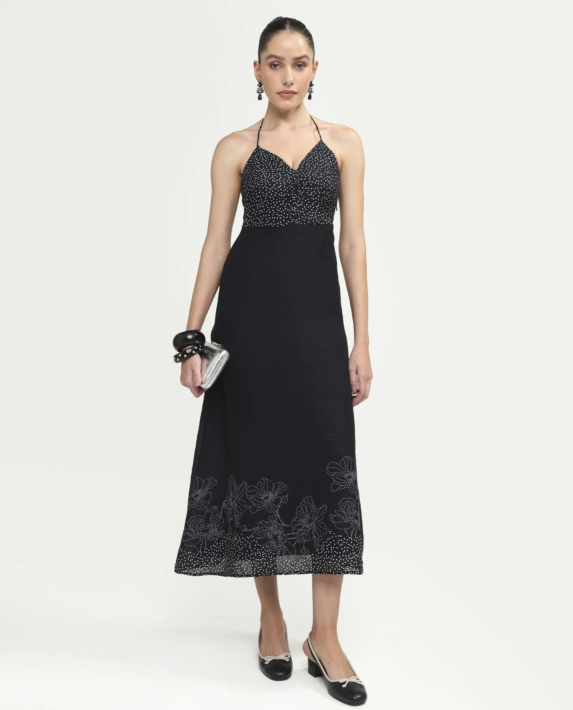 Rareism Women's Cassy Black Polyester Sleeveless Fit And Flare Floral Print Dress - Image 2