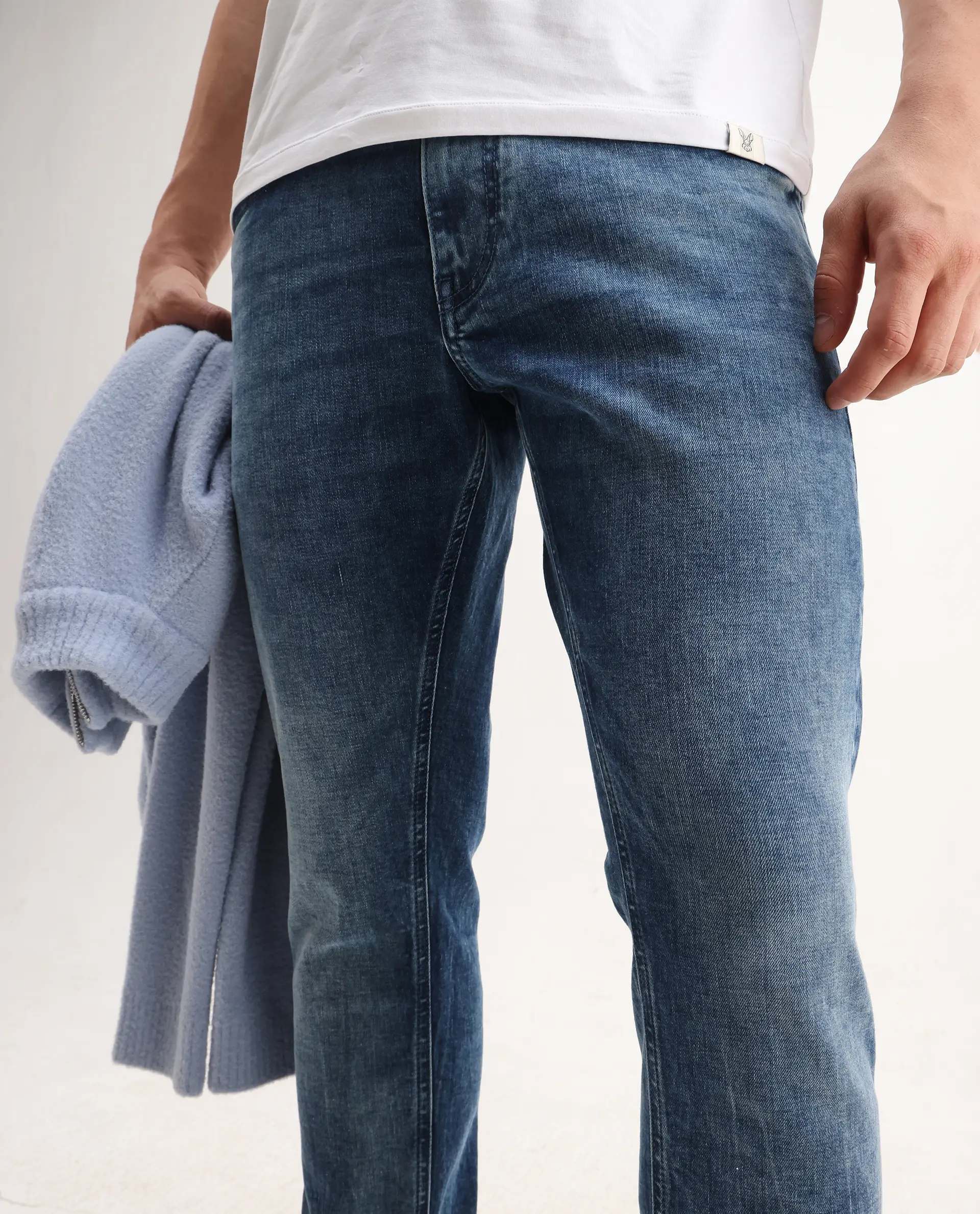 Rare Rabbit Men's Cast Blue Cotton Blend Plain Hawk Slim Fit Jeans - Image 2