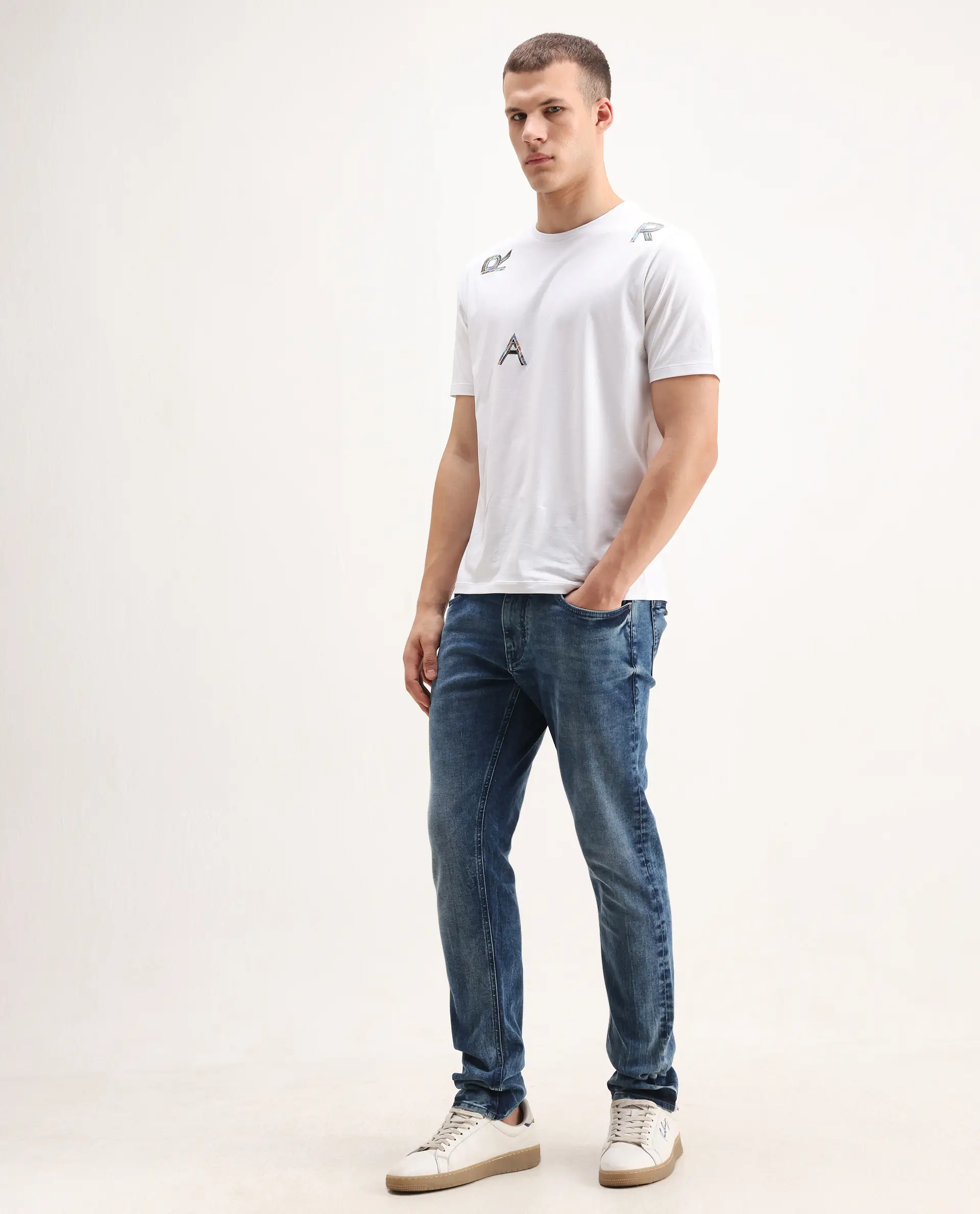 Rare Rabbit Men's Cast Blue Cotton Blend Plain Hawk Slim Fit Jeans - Image 4