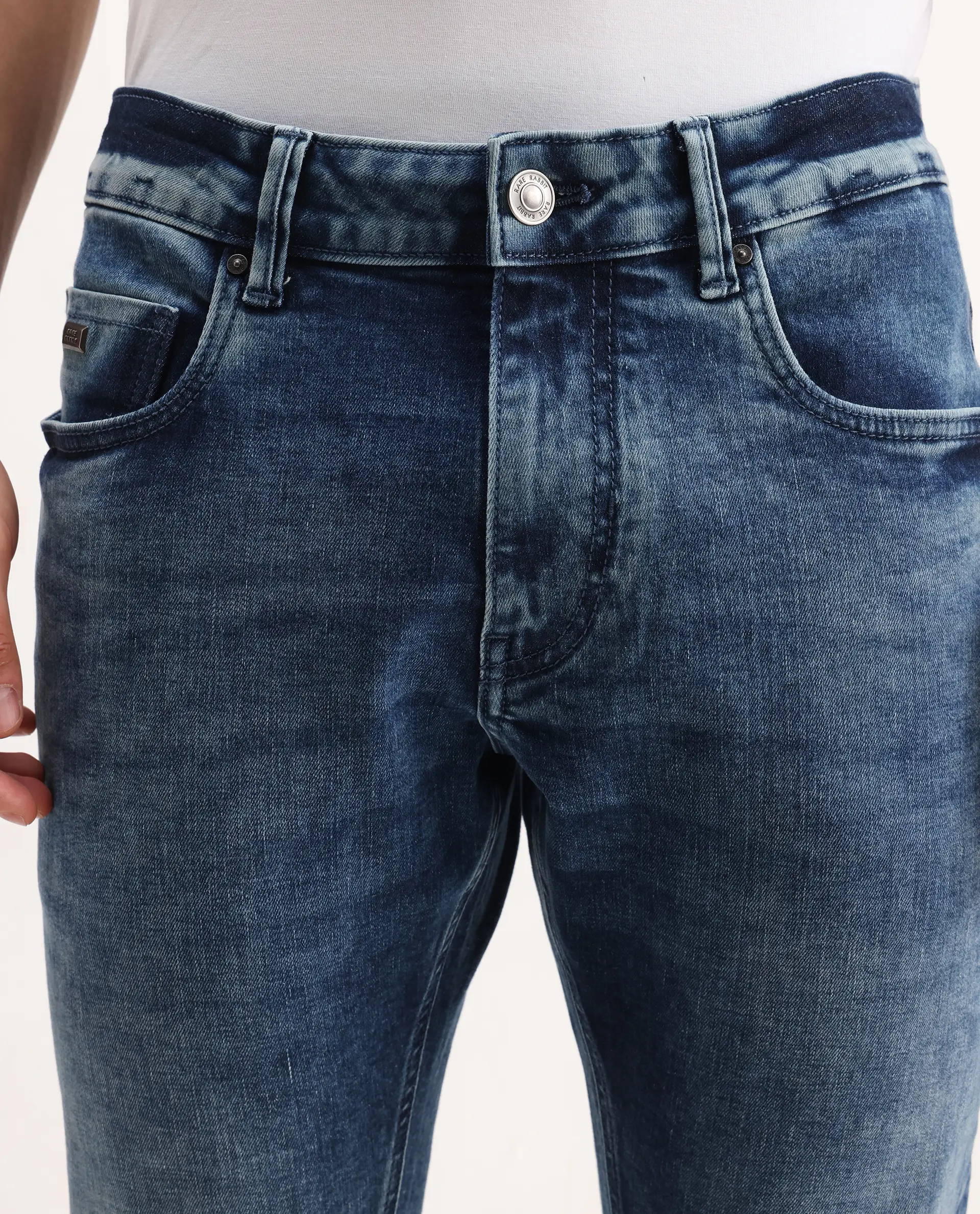 Rare Rabbit Men's Cast Blue Cotton Blend Plain Hawk Slim Fit Jeans - Image 6