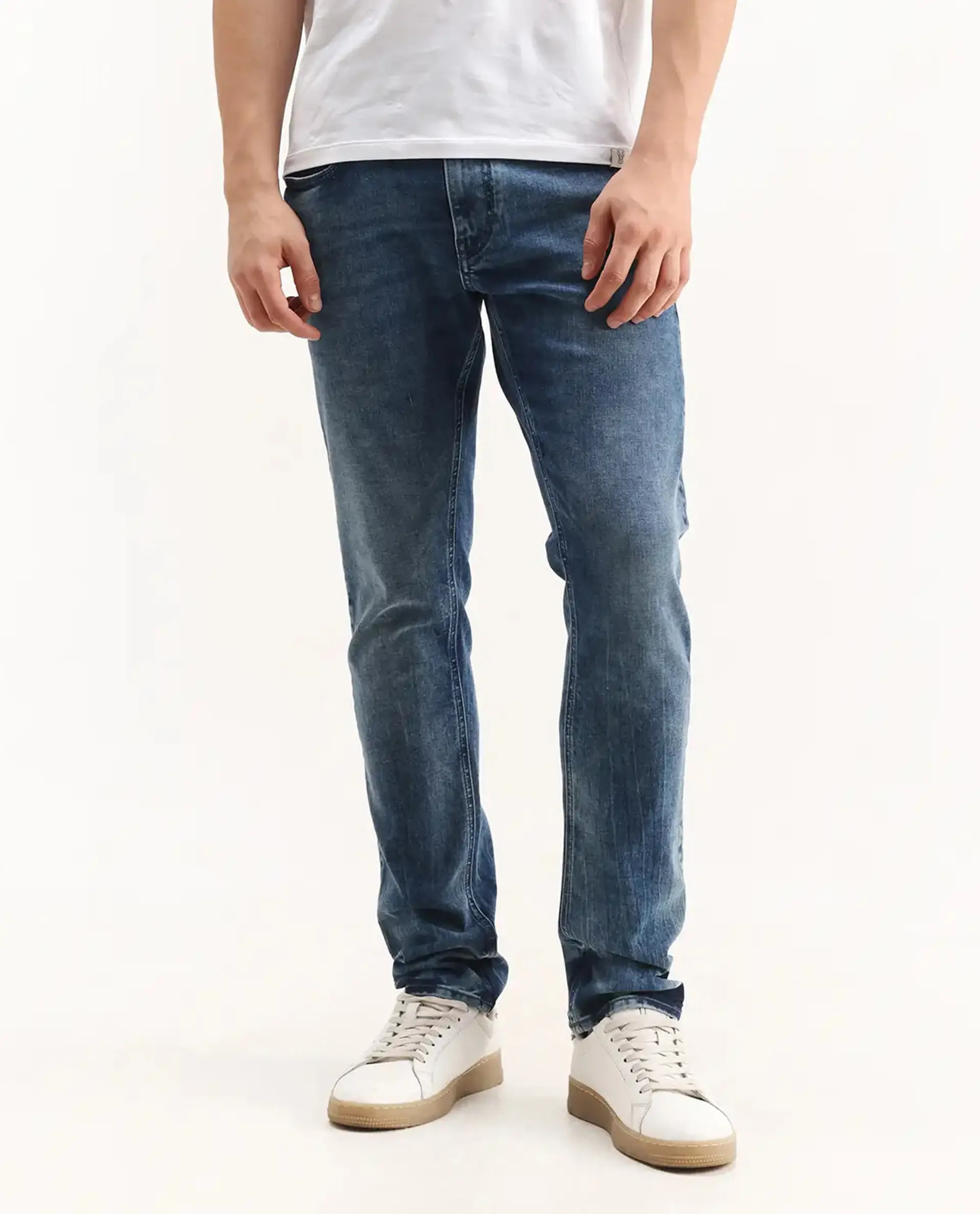 Rare Rabbit Men's Cast Blue Cotton Blend Plain Hawk Slim Fit Jeans - Image 9