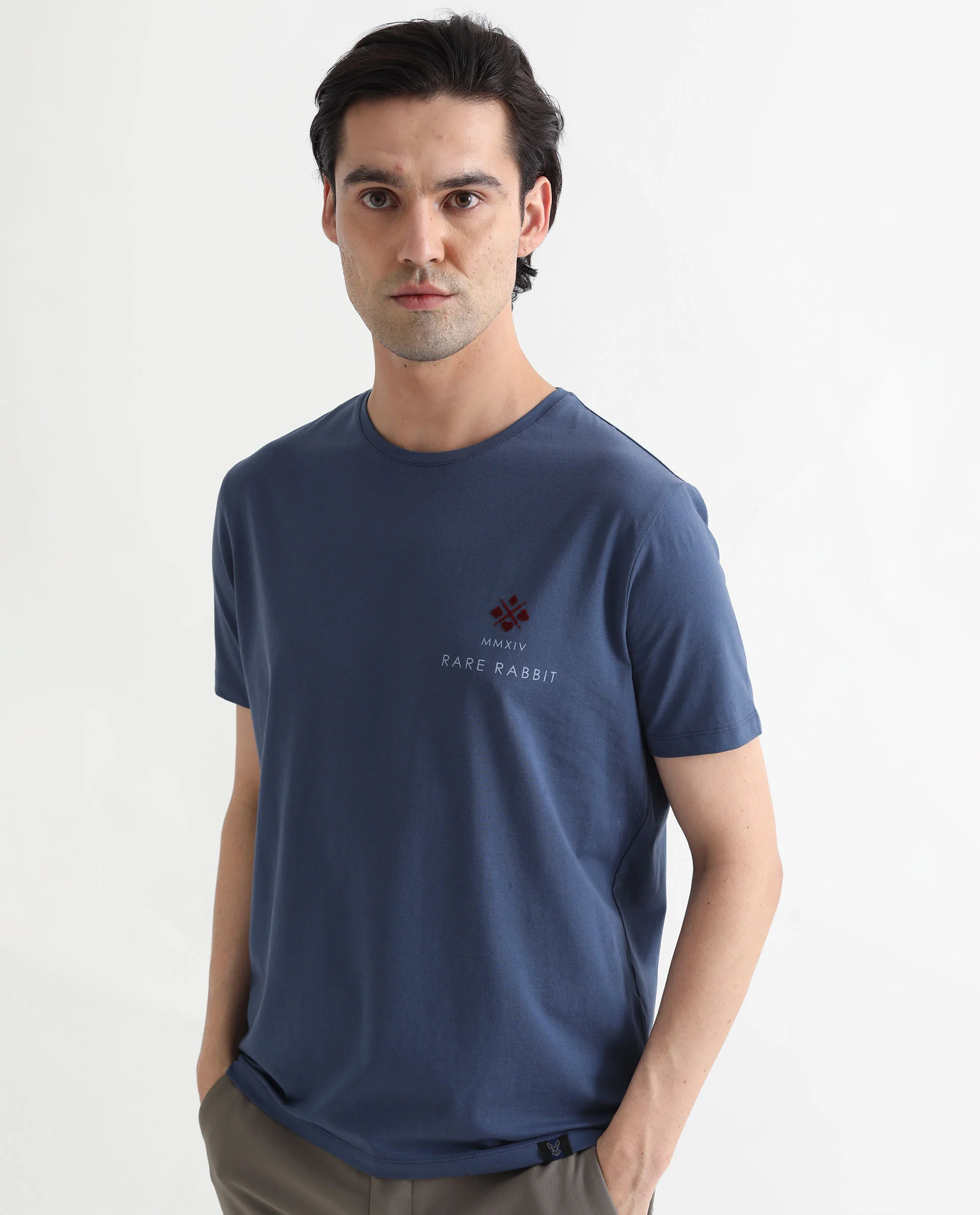 Rare Rabbit Men's Castel Blue Cotton Graphic Print Slim Fit Half Sleeve Crew Neck T-Shirt