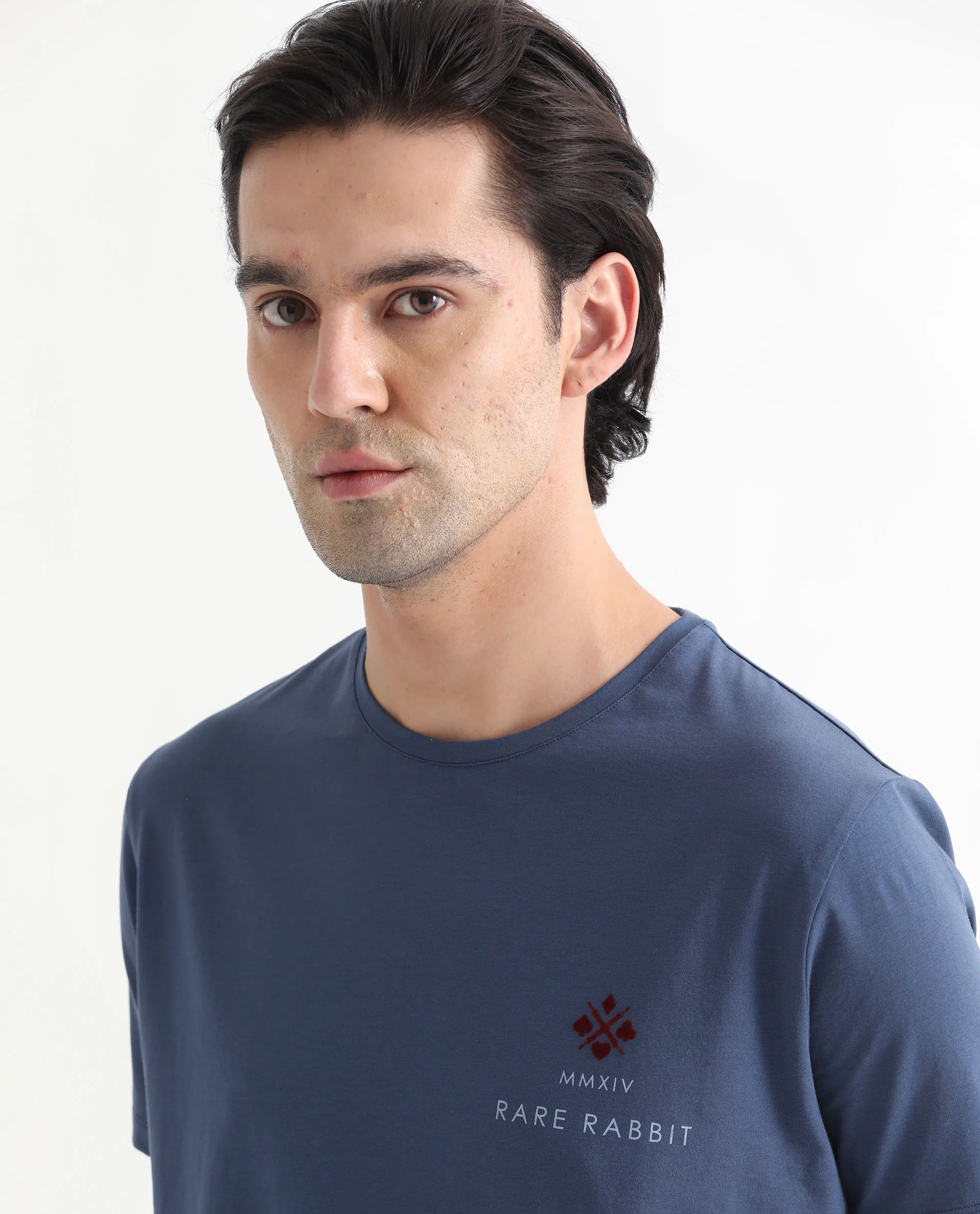 Rare Rabbit Men's Castel Blue Cotton Graphic Print Slim Fit Half Sleeve Crew Neck T-Shirt - Image 2