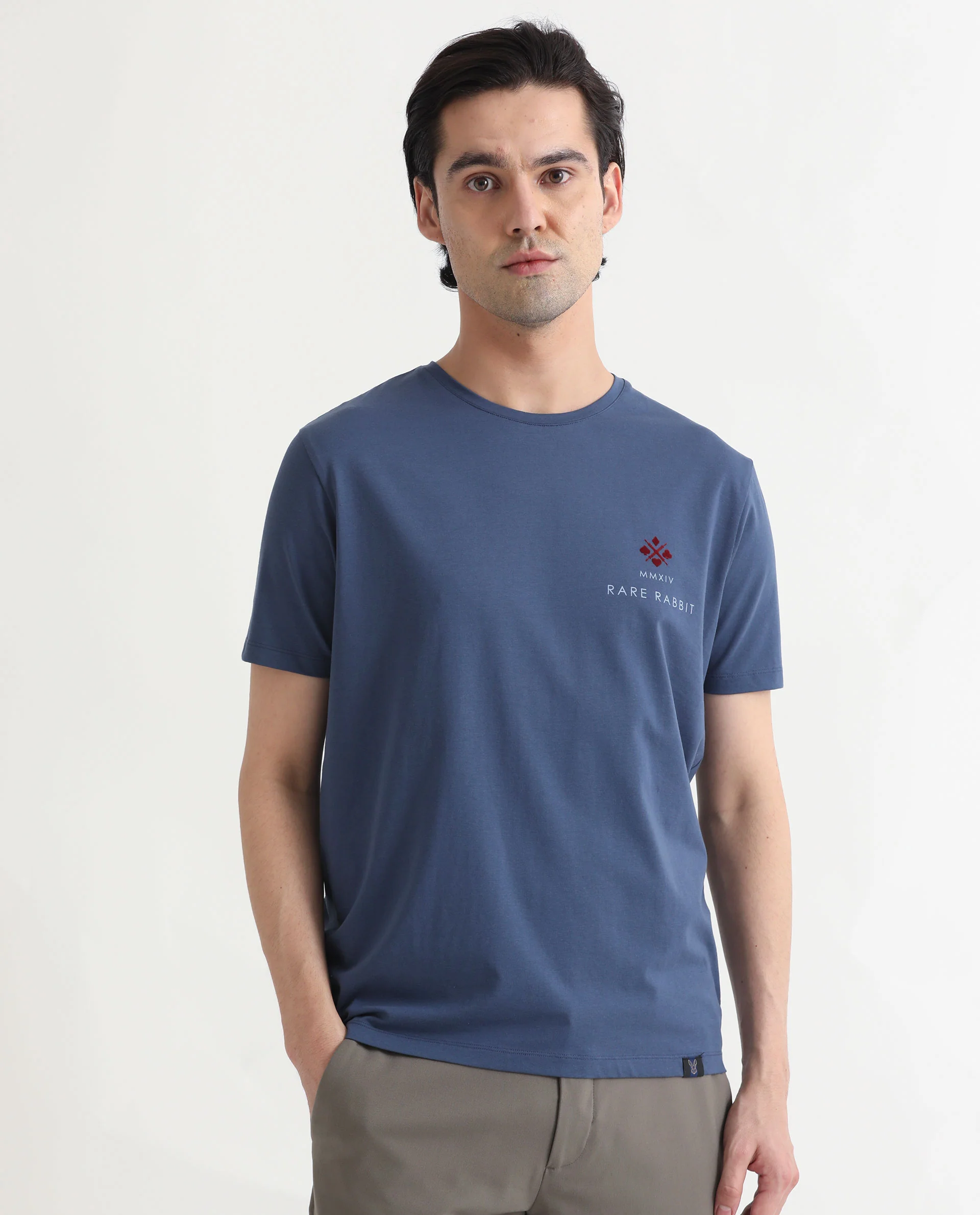 Rare Rabbit Men's Castel Blue Cotton Graphic Print Slim Fit Half Sleeve Crew Neck T-Shirt - Image 3
