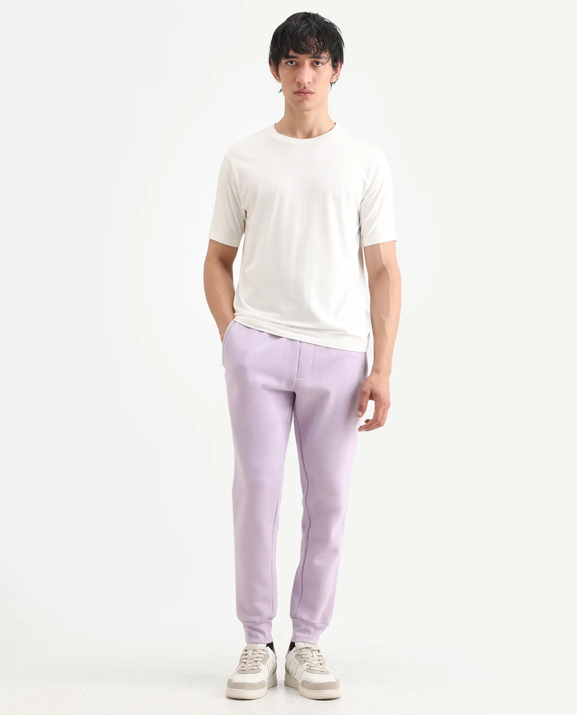 Rare Rabbit Men's Castle Bay Pastel Purple Cotton Plain Regular Fit Joggers - Image 2