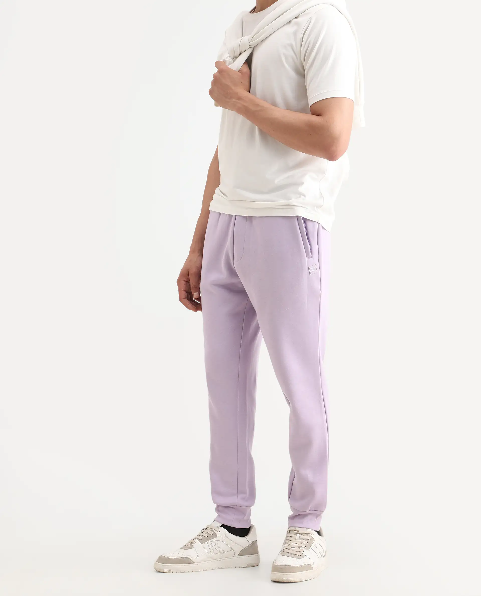 Rare Rabbit Men's Castle Bay Pastel Purple Cotton Plain Regular Fit Joggers - Image 3