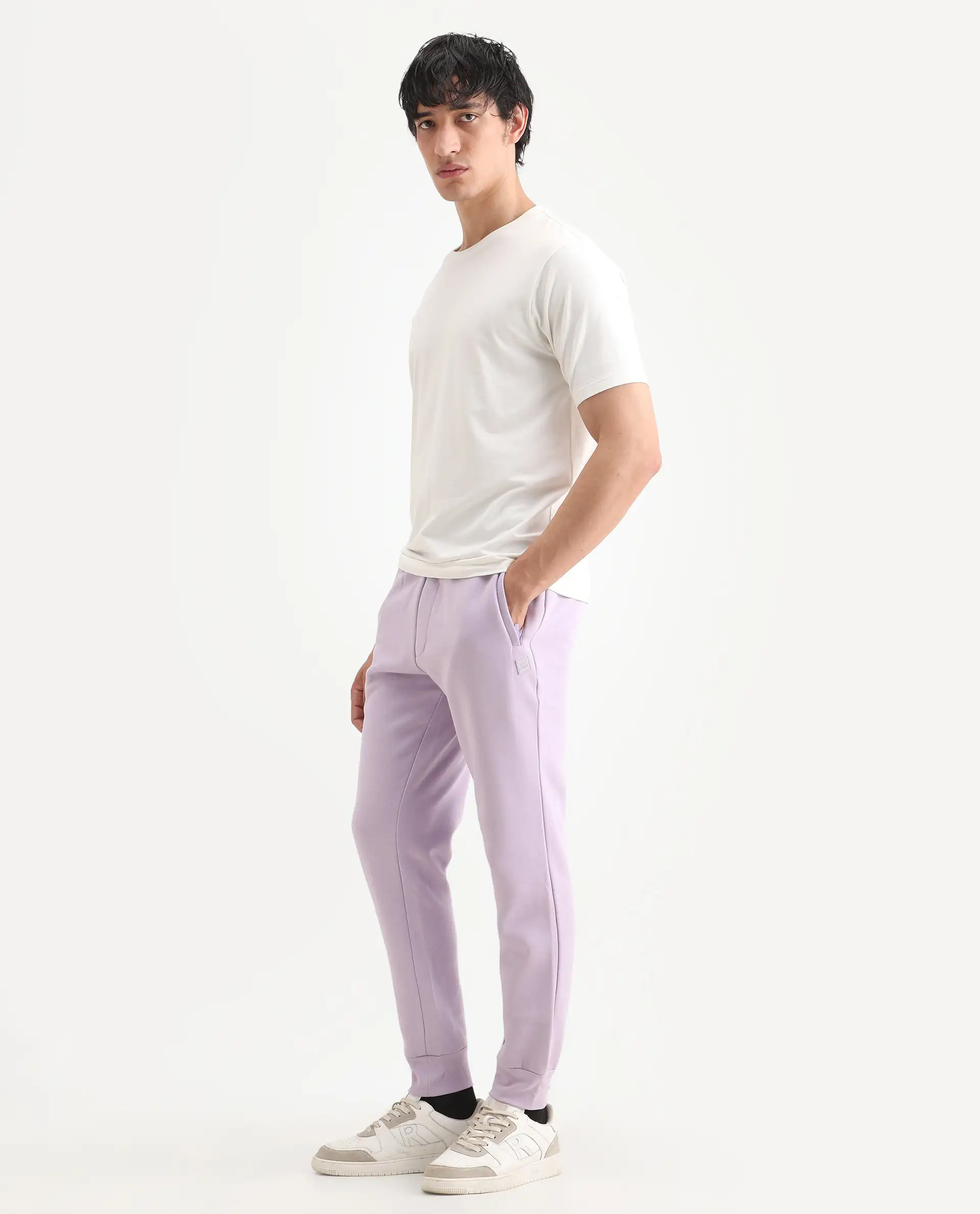 Rare Rabbit Men's Castle Bay Pastel Purple Cotton Plain Regular Fit Joggers - Image 5