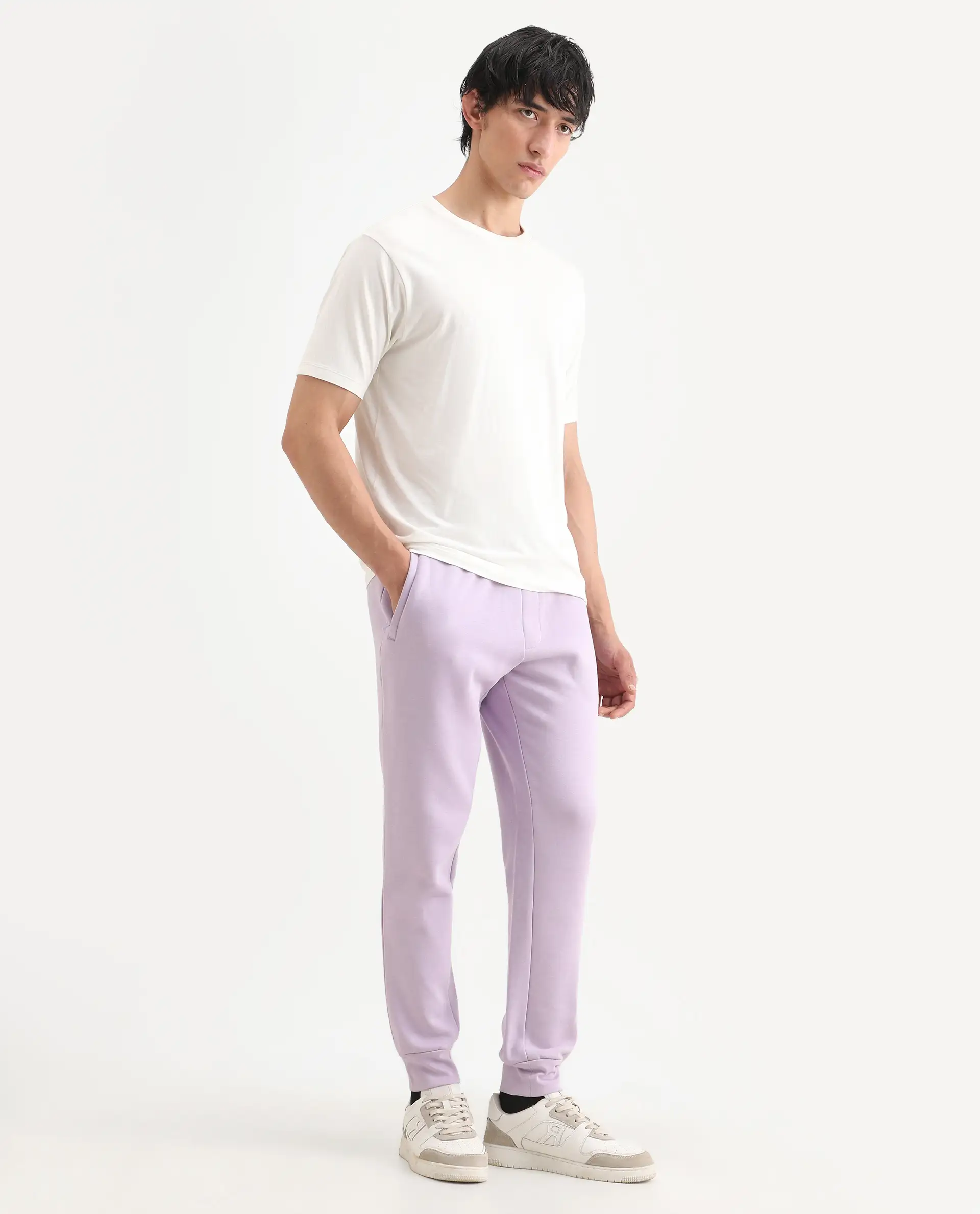 Rare Rabbit Men's Castle Bay Pastel Purple Cotton Plain Regular Fit Joggers - Image 6