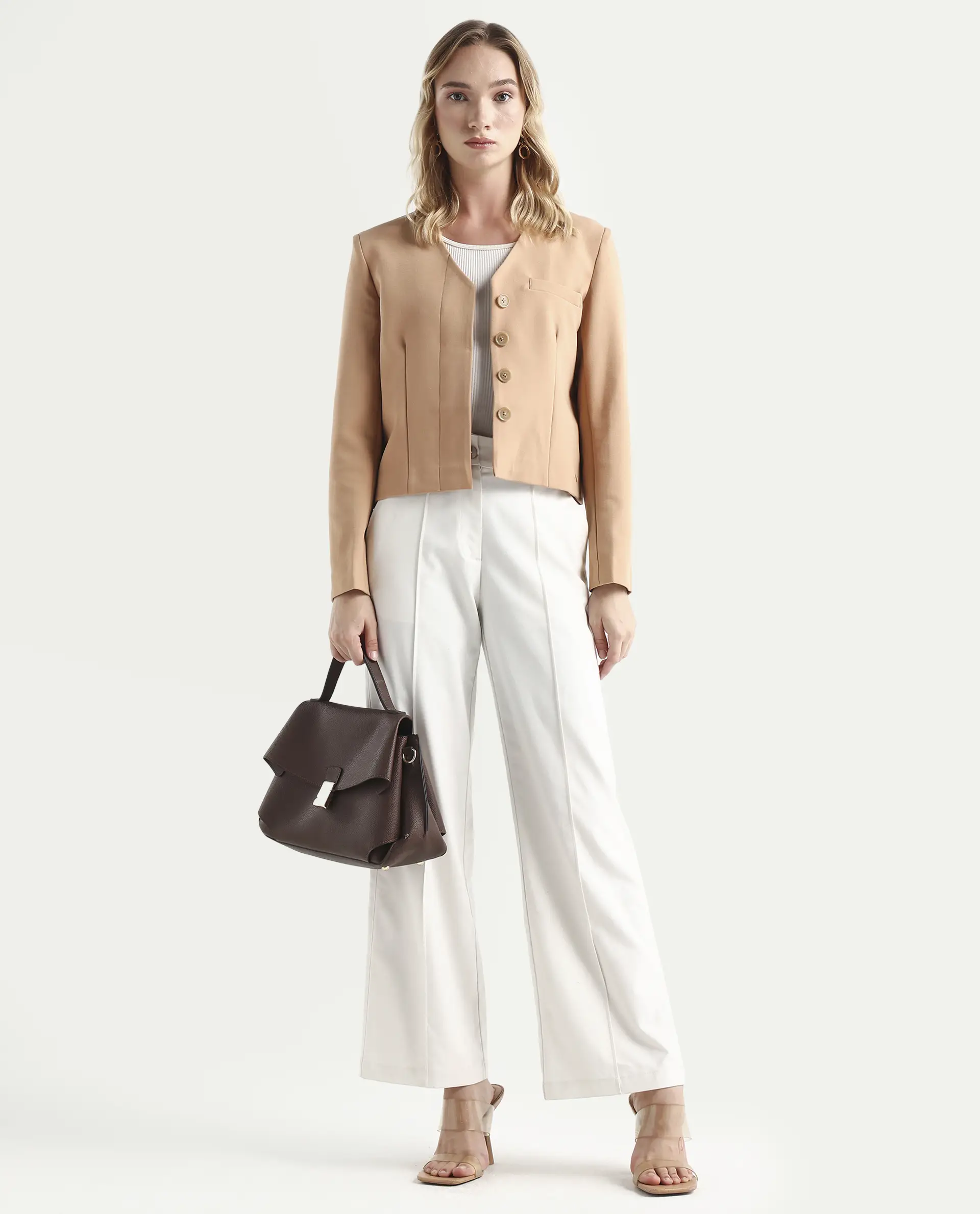 Rareism Women's Castlei Beige V-Neck Plain Regular Fit Jacket - Image 2
