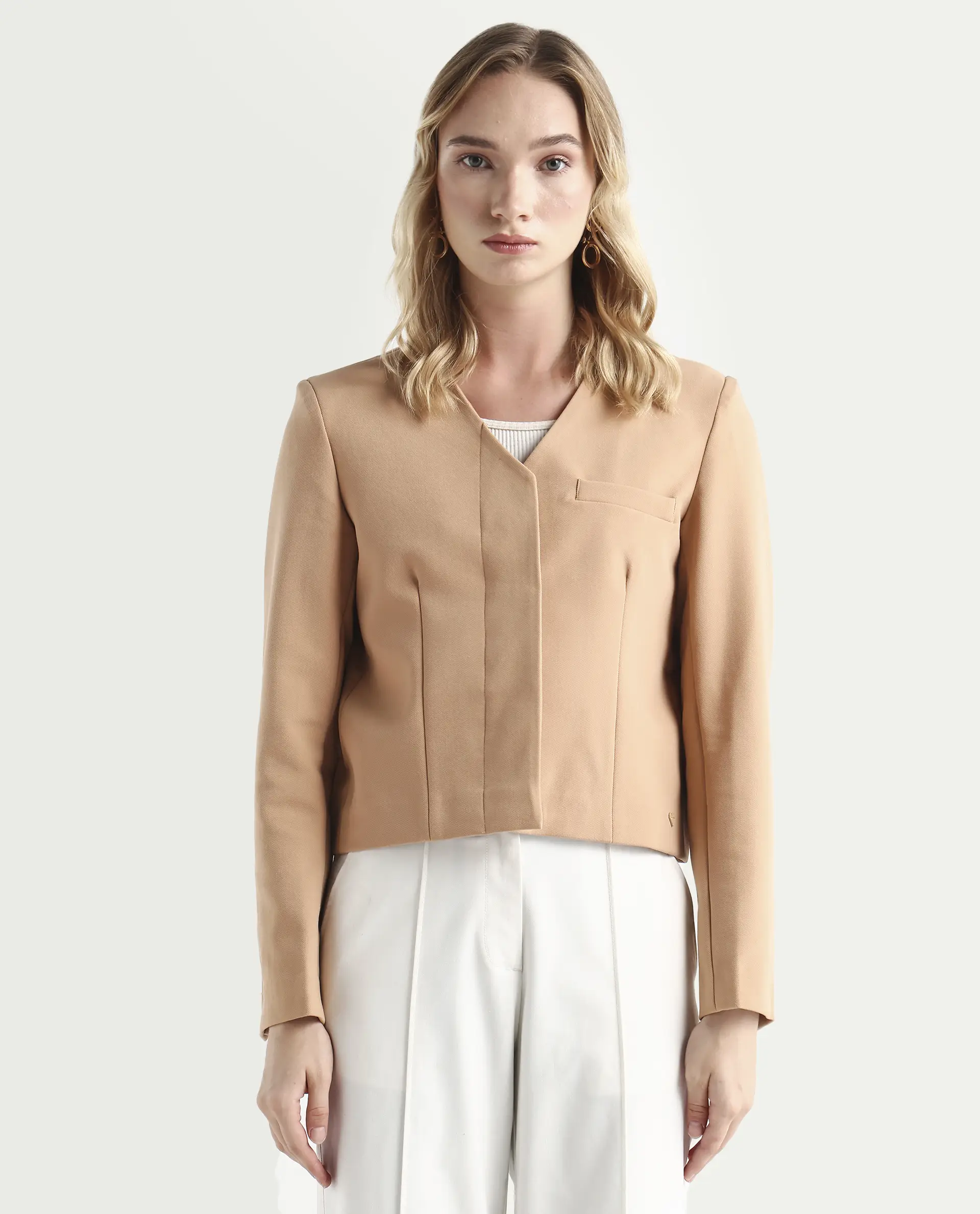 Rareism Women's Castlei Beige V-Neck Plain Regular Fit Jacket - Image 3