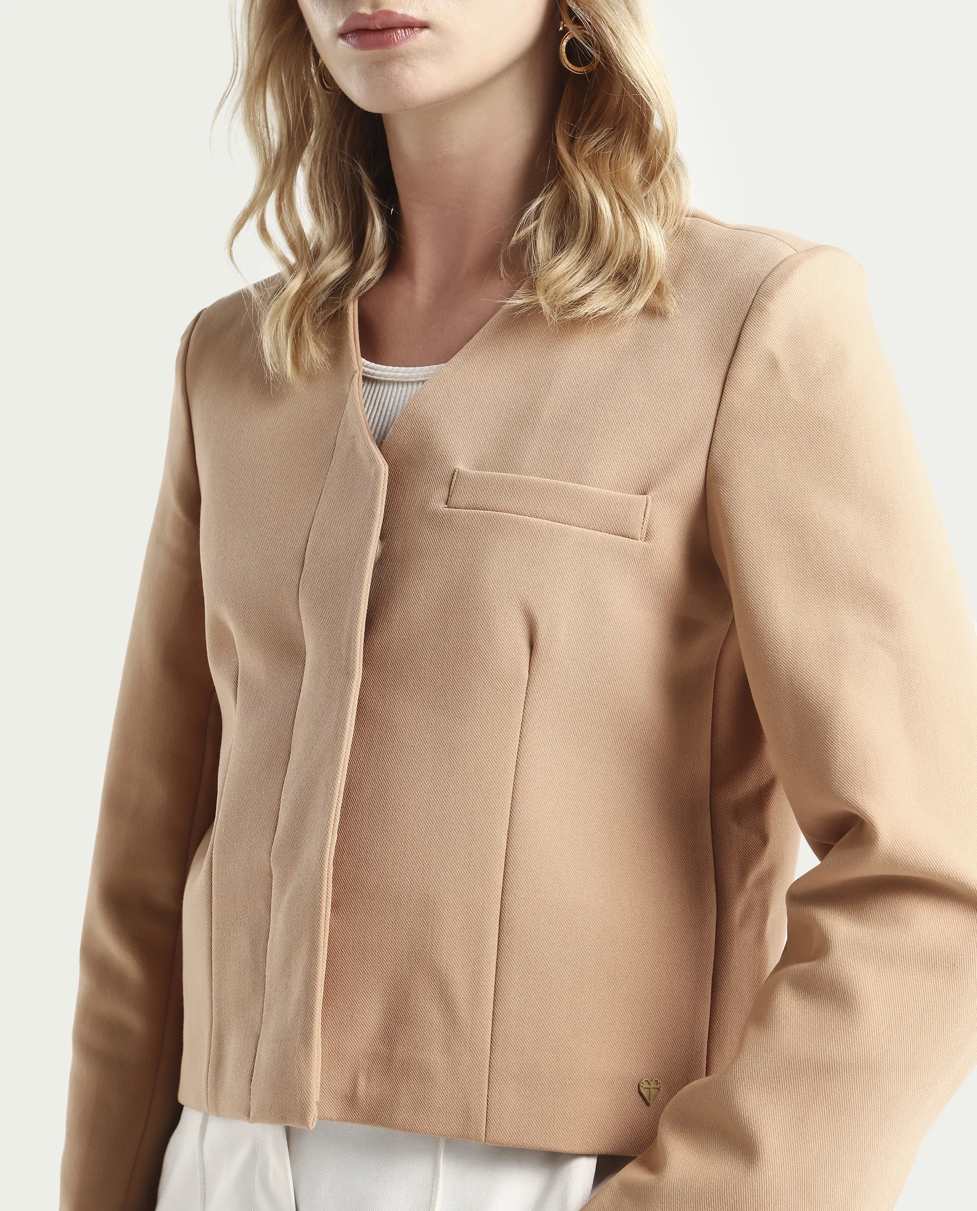 Rareism Women's Castlei Beige V-Neck Plain Regular Fit Jacket - Image 4