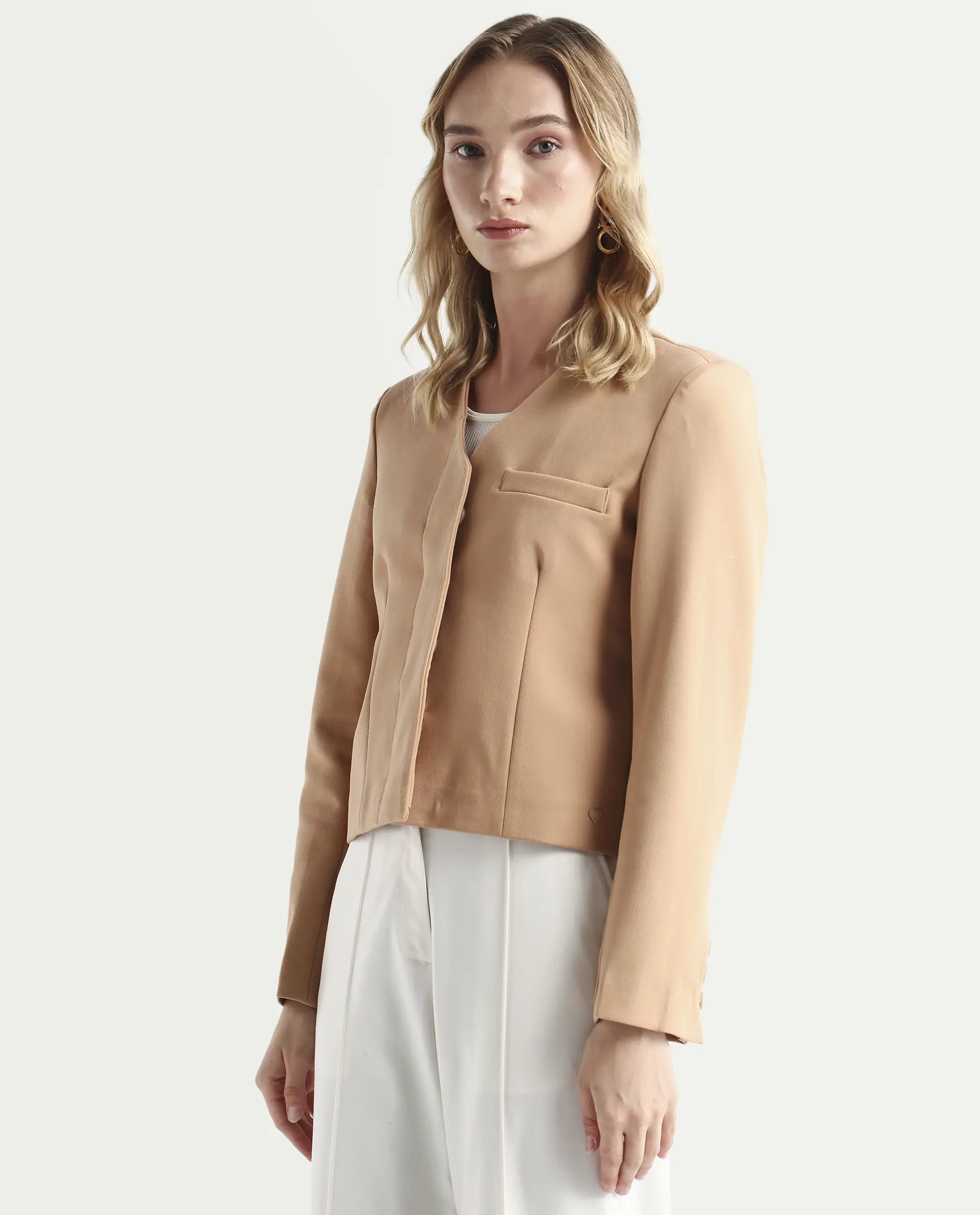 Rareism Women's Castlei Beige V-Neck Plain Regular Fit Jacket - Image 5
