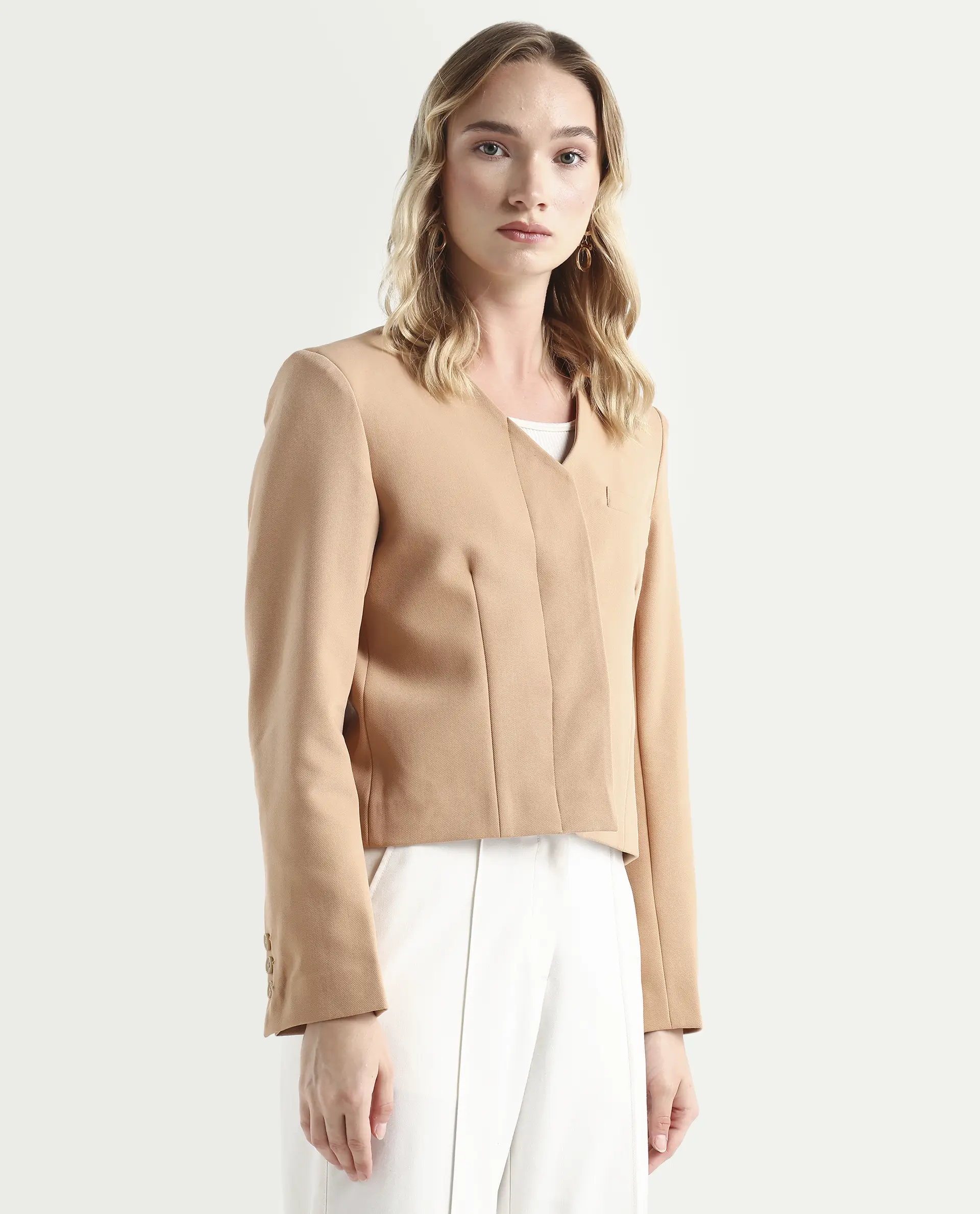 Rareism Women's Castlei Beige V-Neck Plain Regular Fit Jacket - Image 6