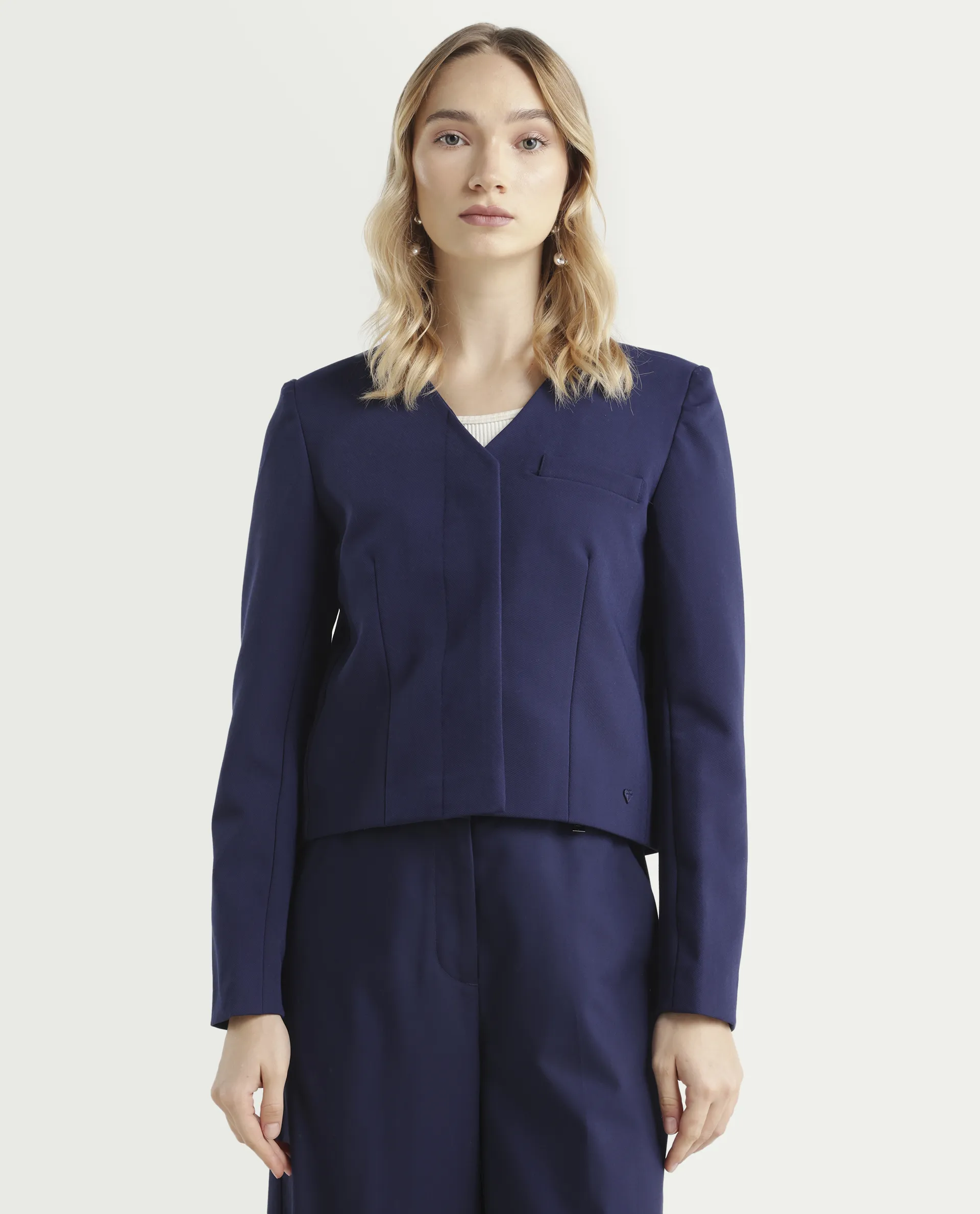 Rareism Women's Castlei Dark Navy V-Neck Plain Regular Fit Jacket - Image 3