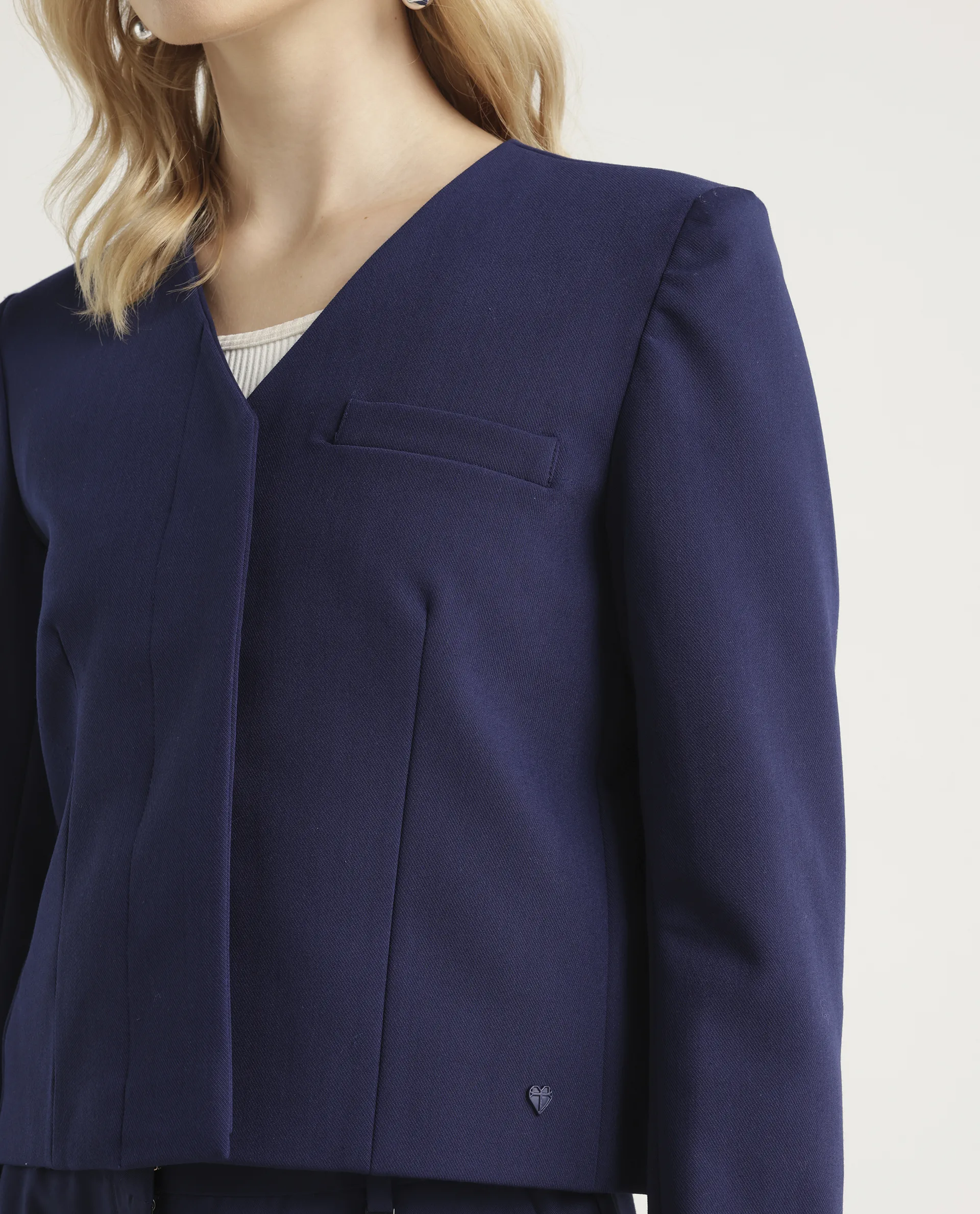 Rareism Women's Castlei Dark Navy V-Neck Plain Regular Fit Jacket - Image 4