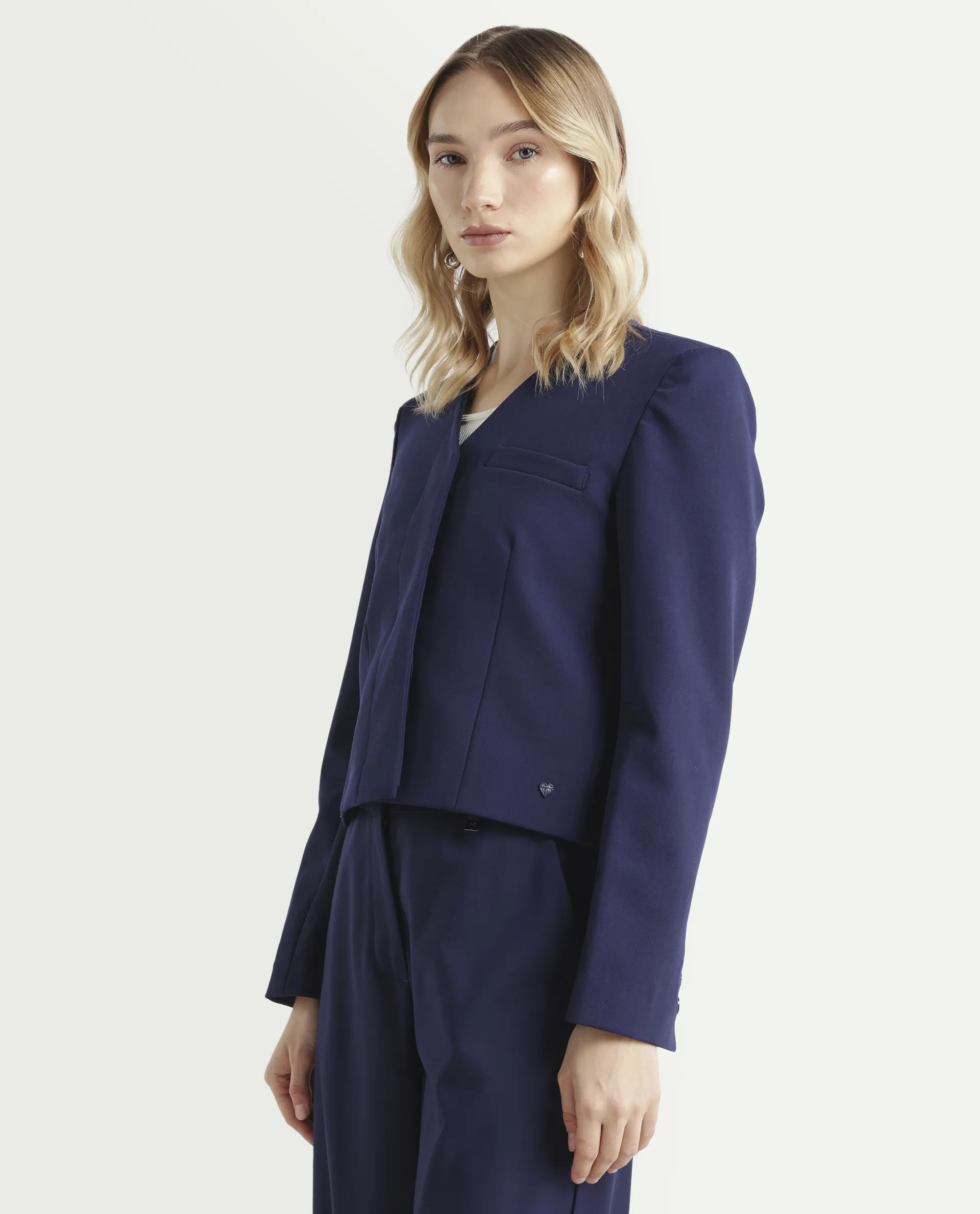 Rareism Women's Castlei Dark Navy V-Neck Plain Regular Fit Jacket - Image 5
