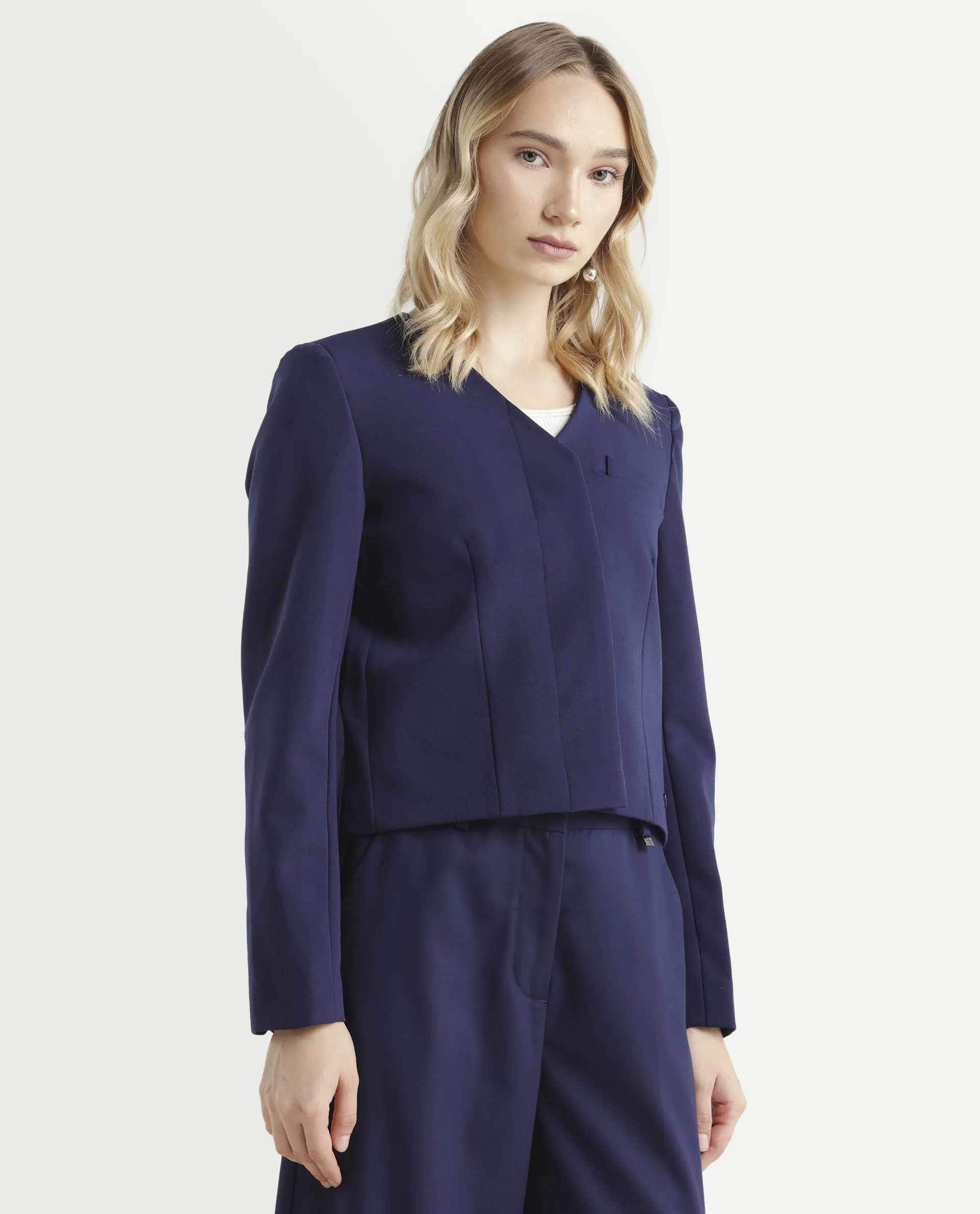 Rareism Women's Castlei Dark Navy V-Neck Plain Regular Fit Jacket - Image 6