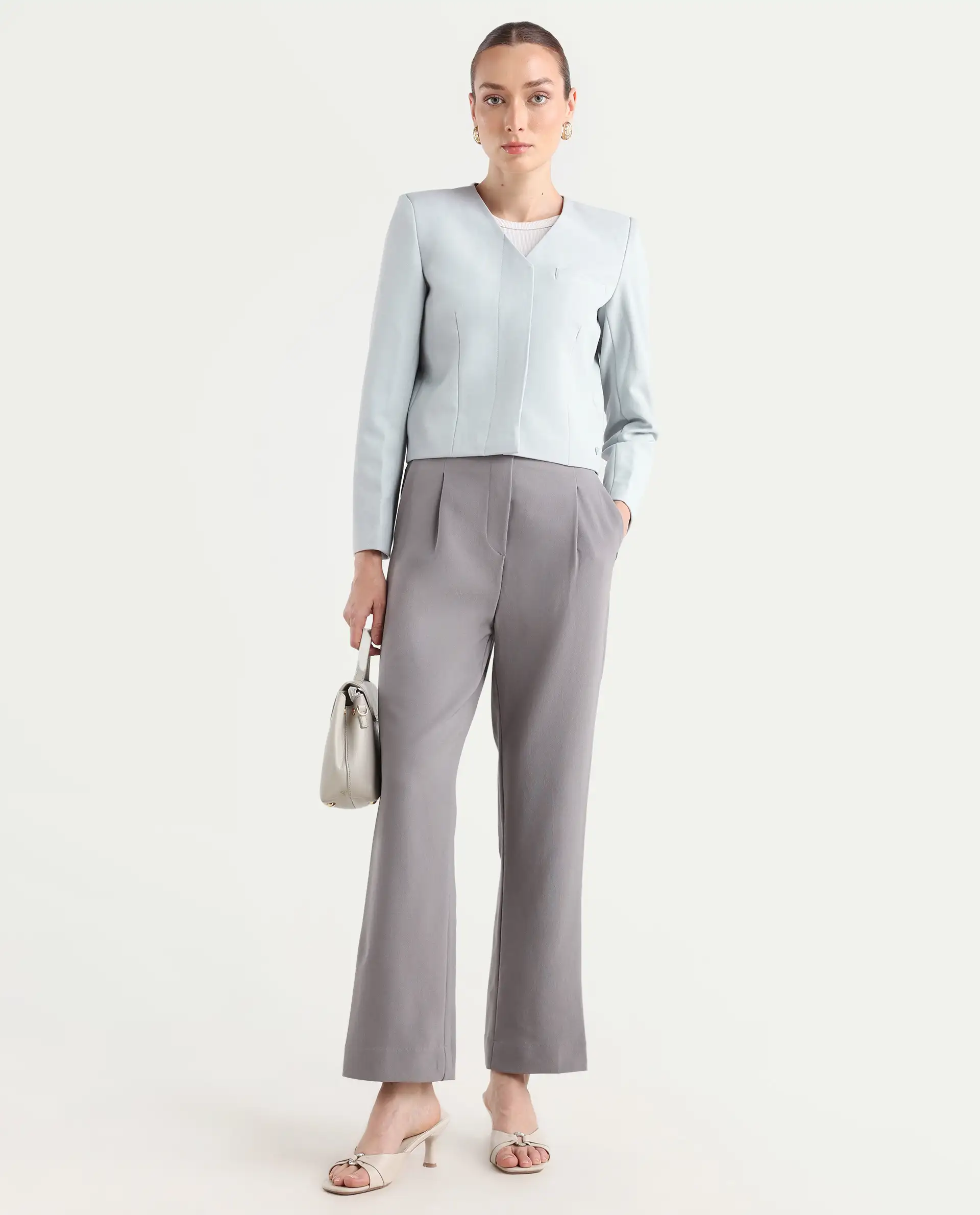 Rareism Women's Castlei Light Grey V-Neck Plain Regular Fit Jacket - Image 2