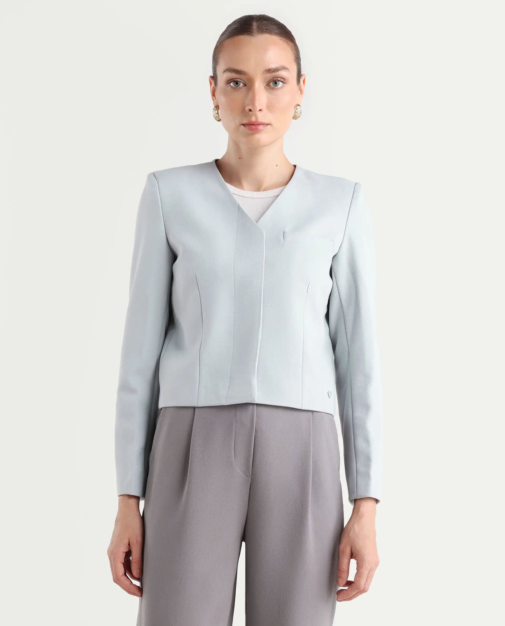 Rareism Women's Castlei Light Grey V-Neck Plain Regular Fit Jacket - Image 3