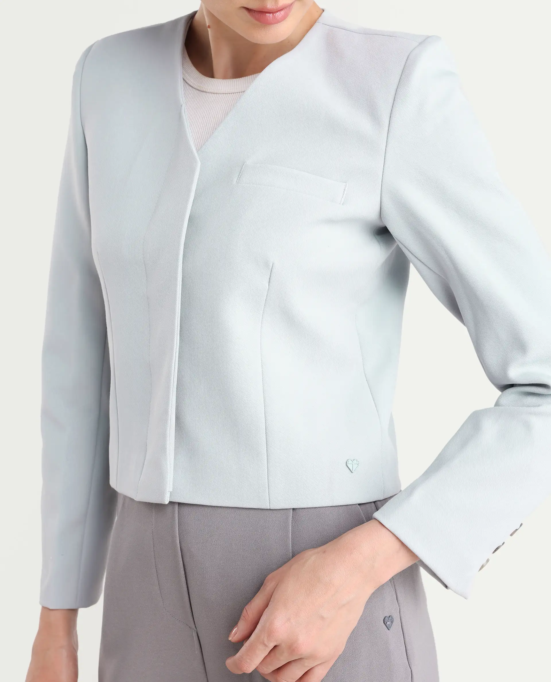 Rareism Women's Castlei Light Grey V-Neck Plain Regular Fit Jacket - Image 4