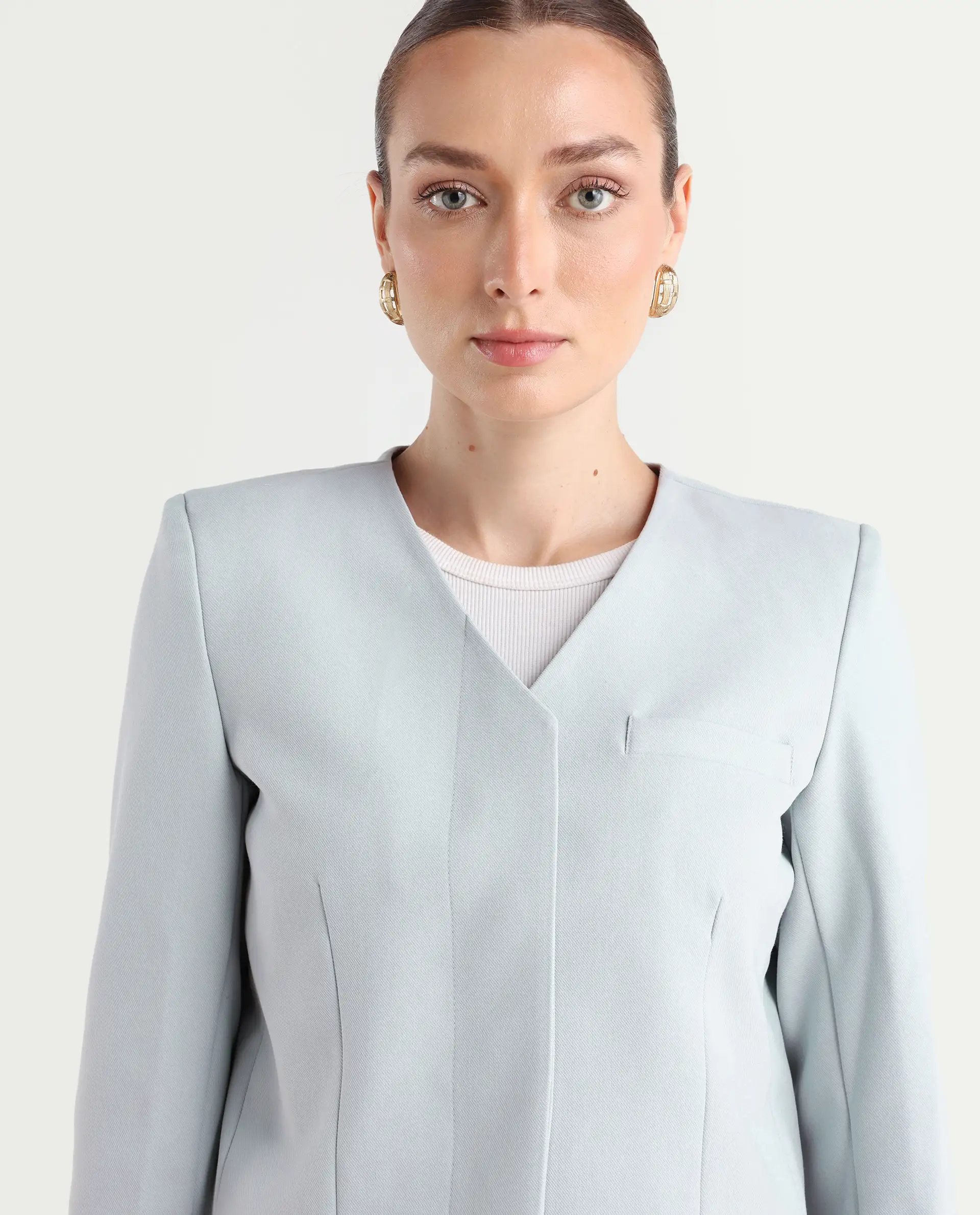 Rareism Women's Castlei Light Grey V-Neck Plain Regular Fit Jacket - Image 5