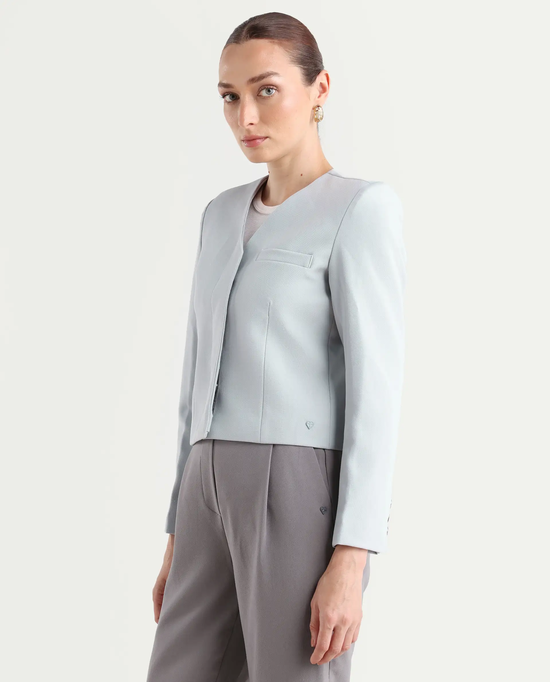 Rareism Women's Castlei Light Grey V-Neck Plain Regular Fit Jacket - Image 6