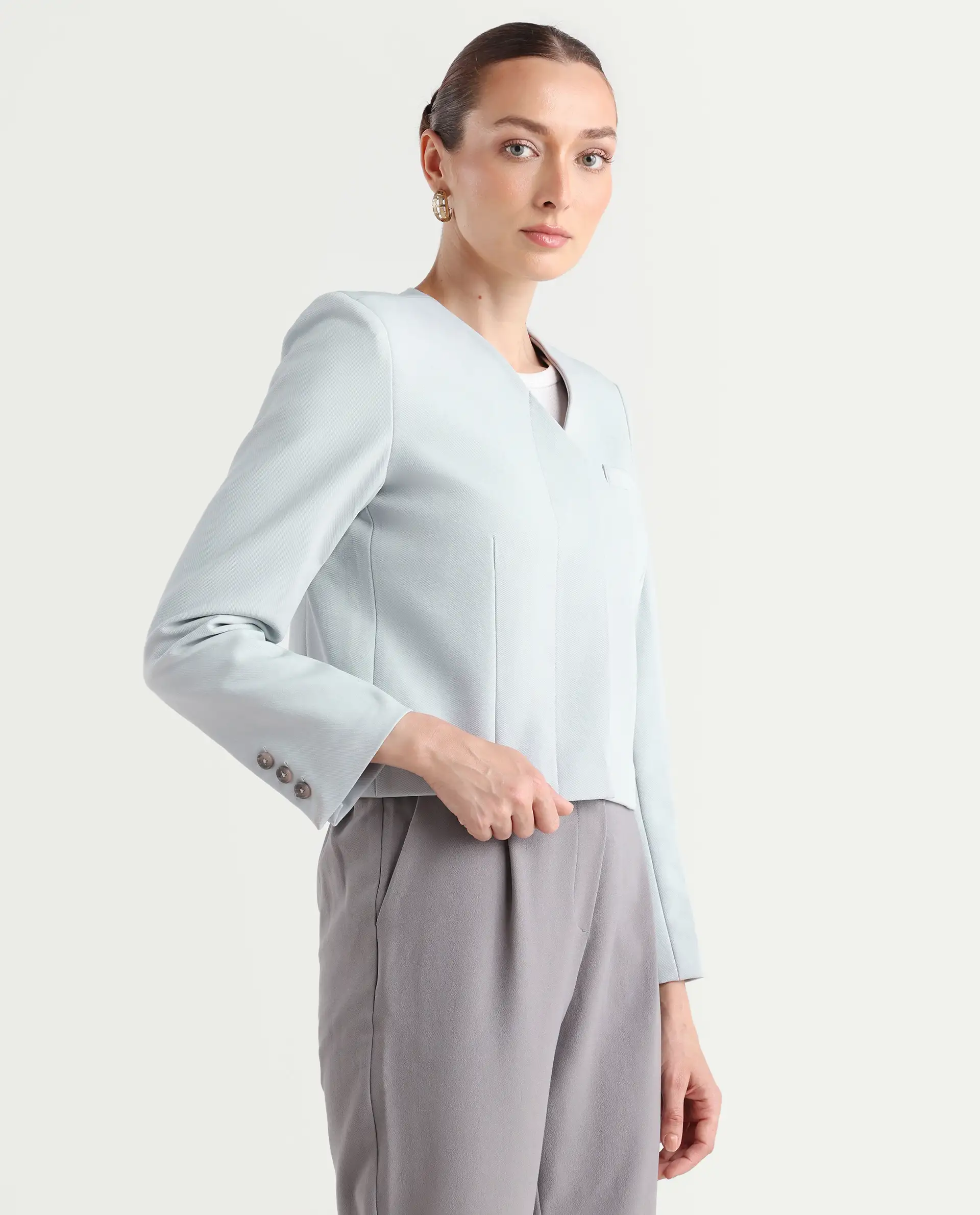 Rareism Women's Castlei Light Grey V-Neck Plain Regular Fit Jacket - Image 7