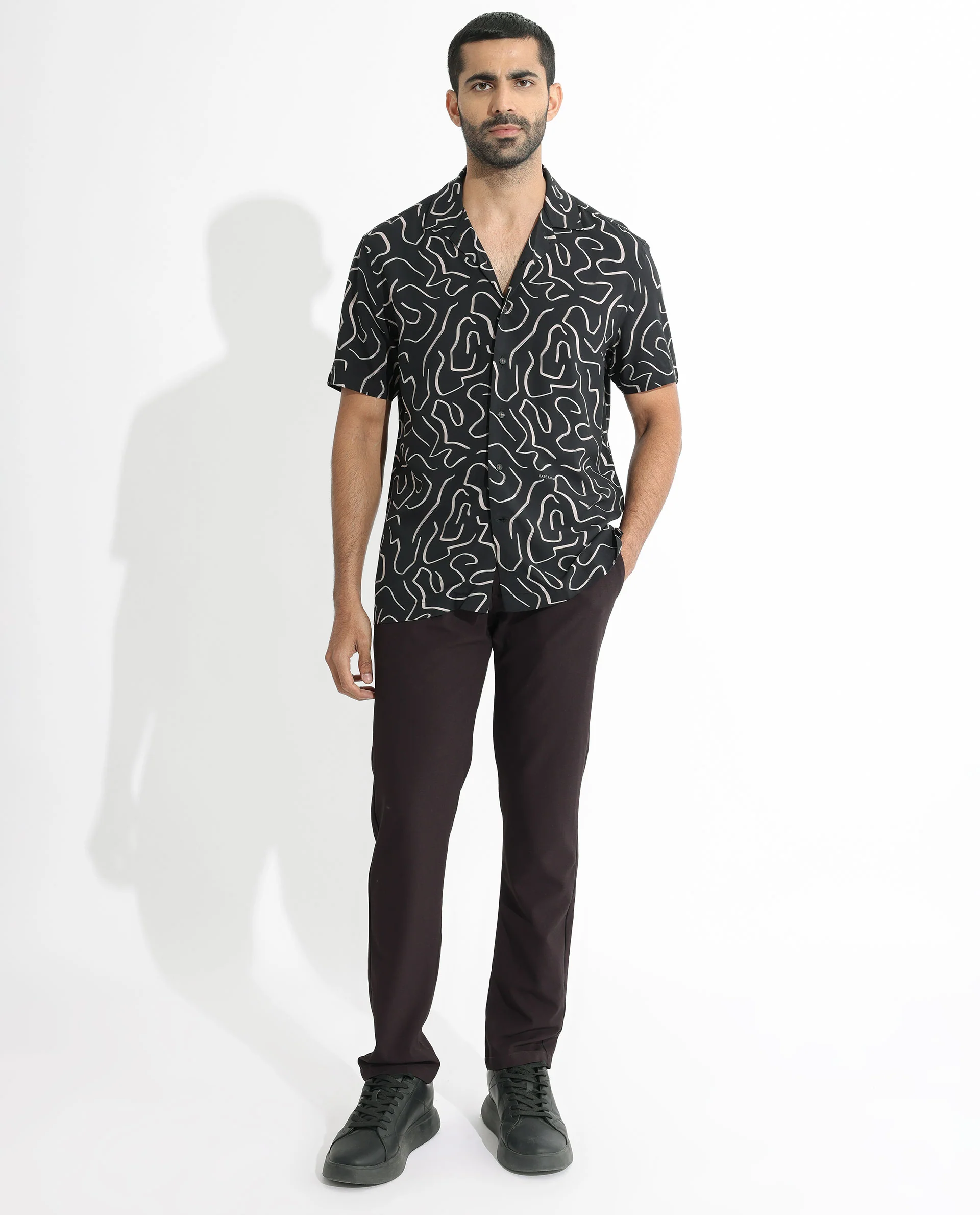 Rare Rabbit Men's Castro Black Viscose Abstract Print Regular Fit Half Sleeve Cuban Collar Shirt - Image 2