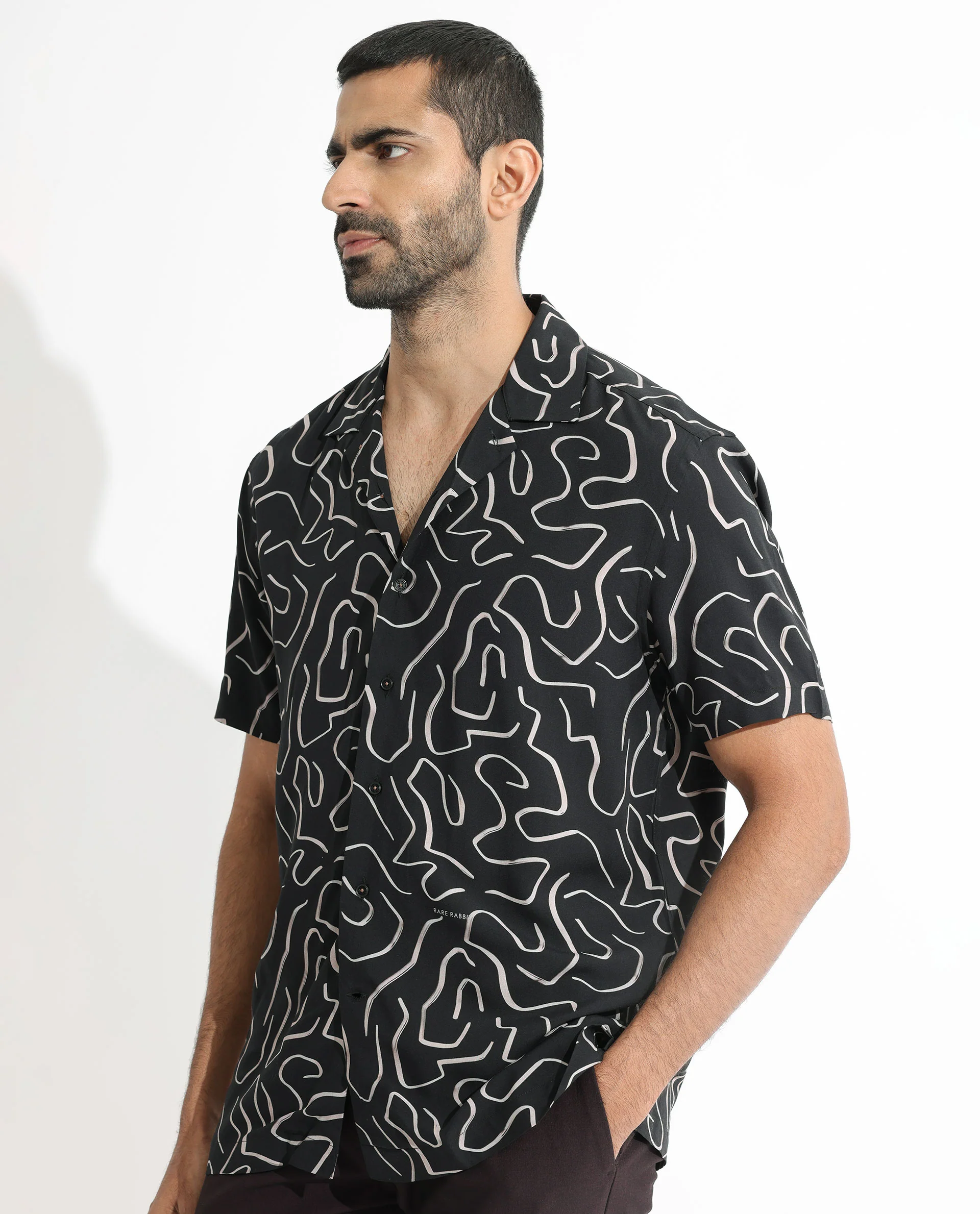 Rare Rabbit Men's Castro Black Viscose Abstract Print Regular Fit Half Sleeve Cuban Collar Shirt - Image 3