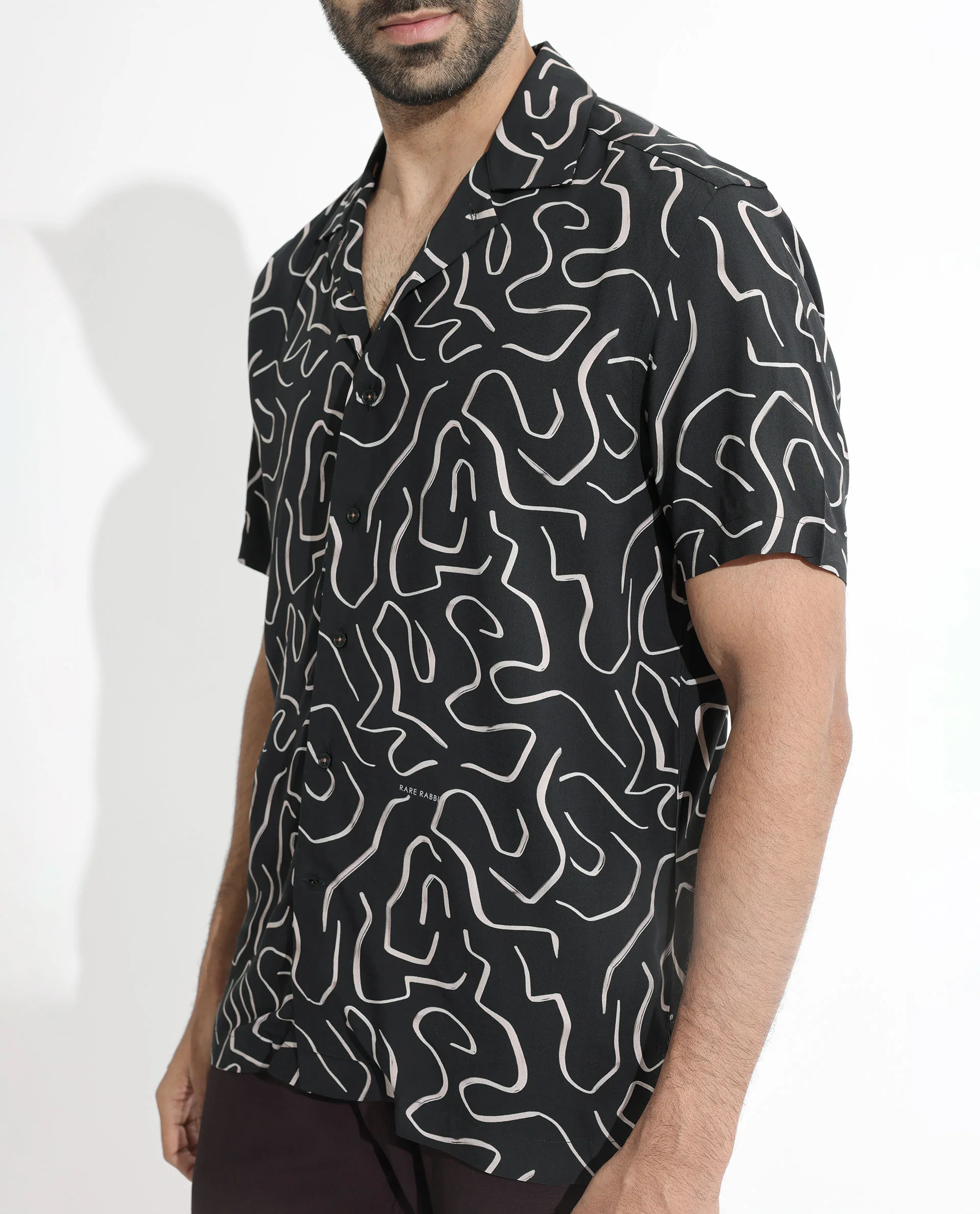 Rare Rabbit Men's Castro Black Viscose Abstract Print Regular Fit Half Sleeve Cuban Collar Shirt - Image 4