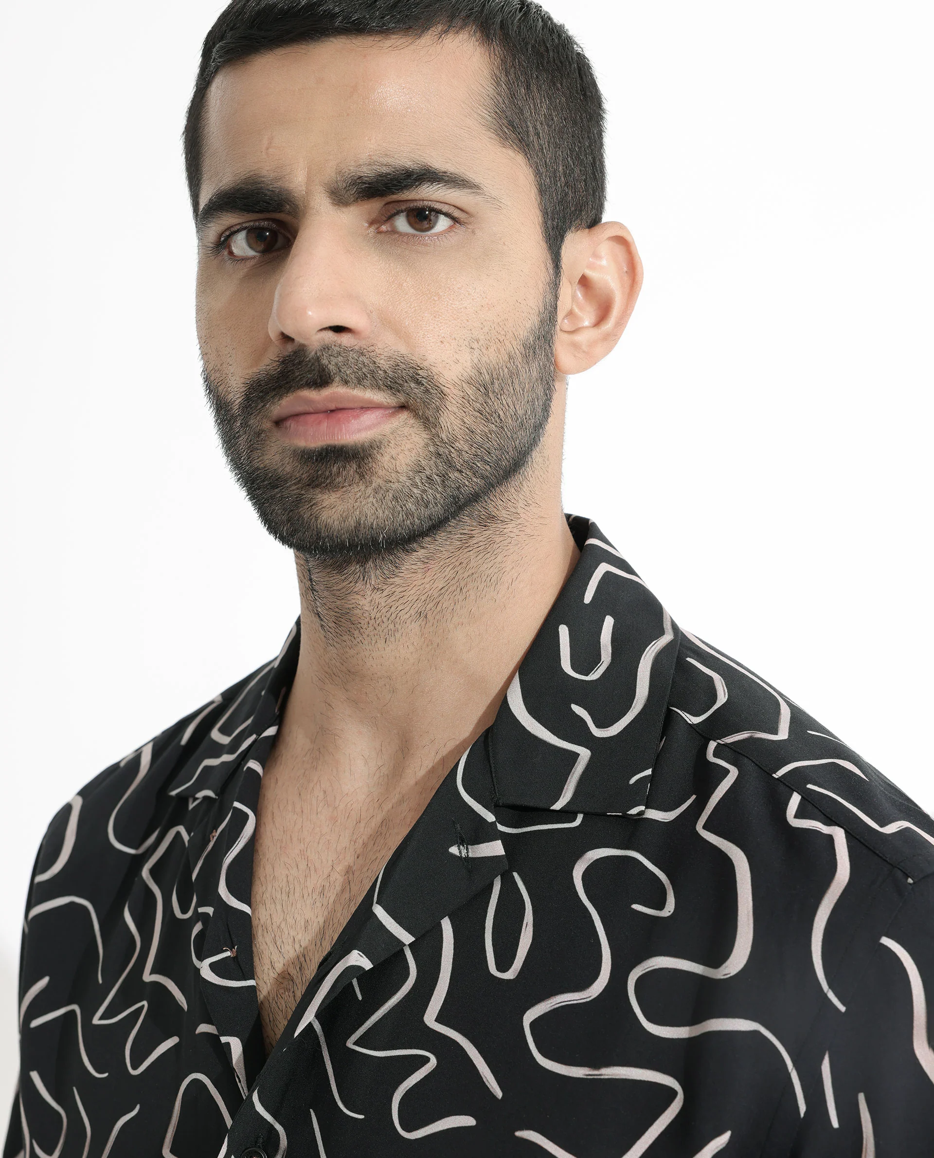 Rare Rabbit Men's Castro Black Viscose Abstract Print Regular Fit Half Sleeve Cuban Collar Shirt - Image 5