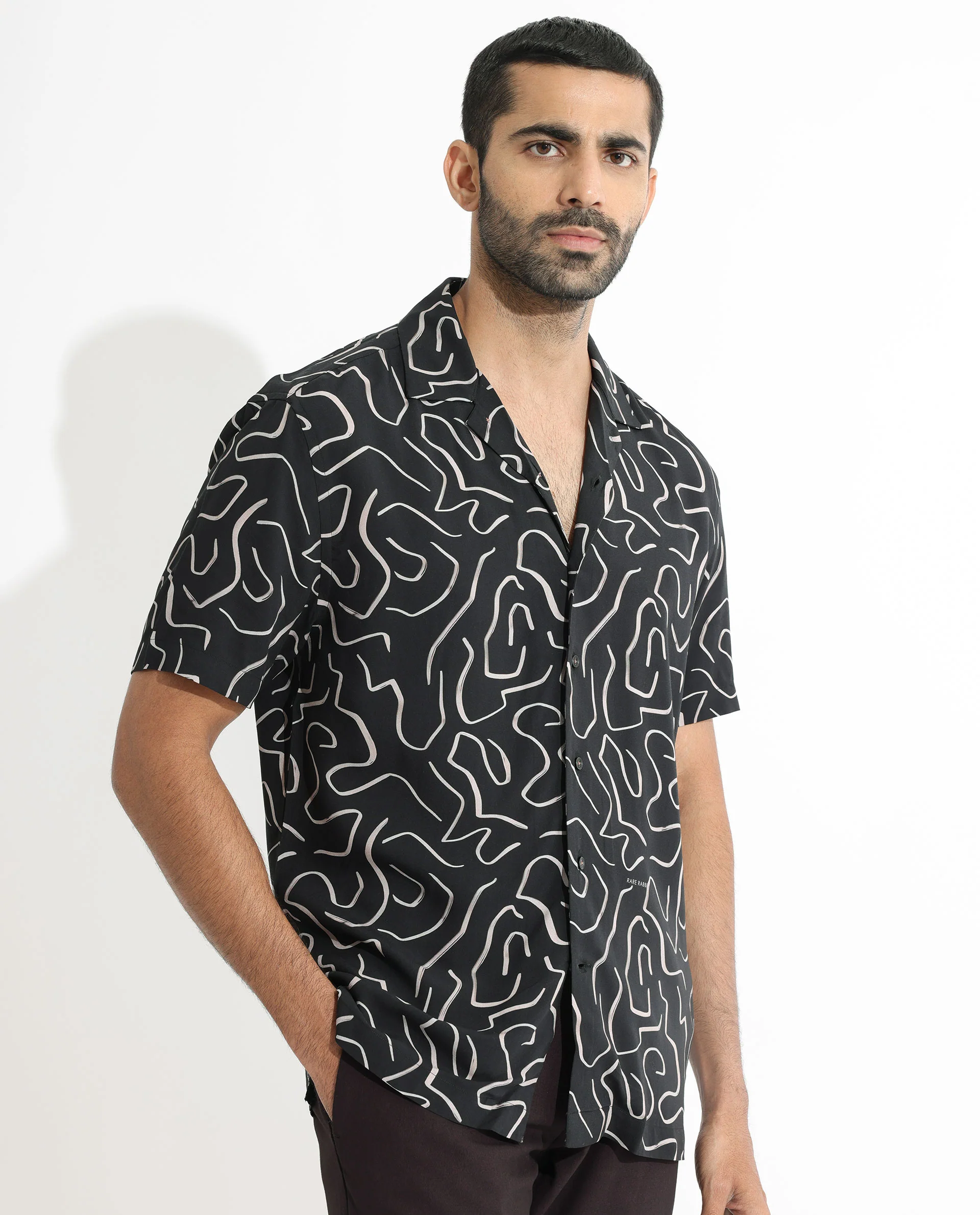 Rare Rabbit Men's Castro Black Viscose Abstract Print Regular Fit Half Sleeve Cuban Collar Shirt - Image 6