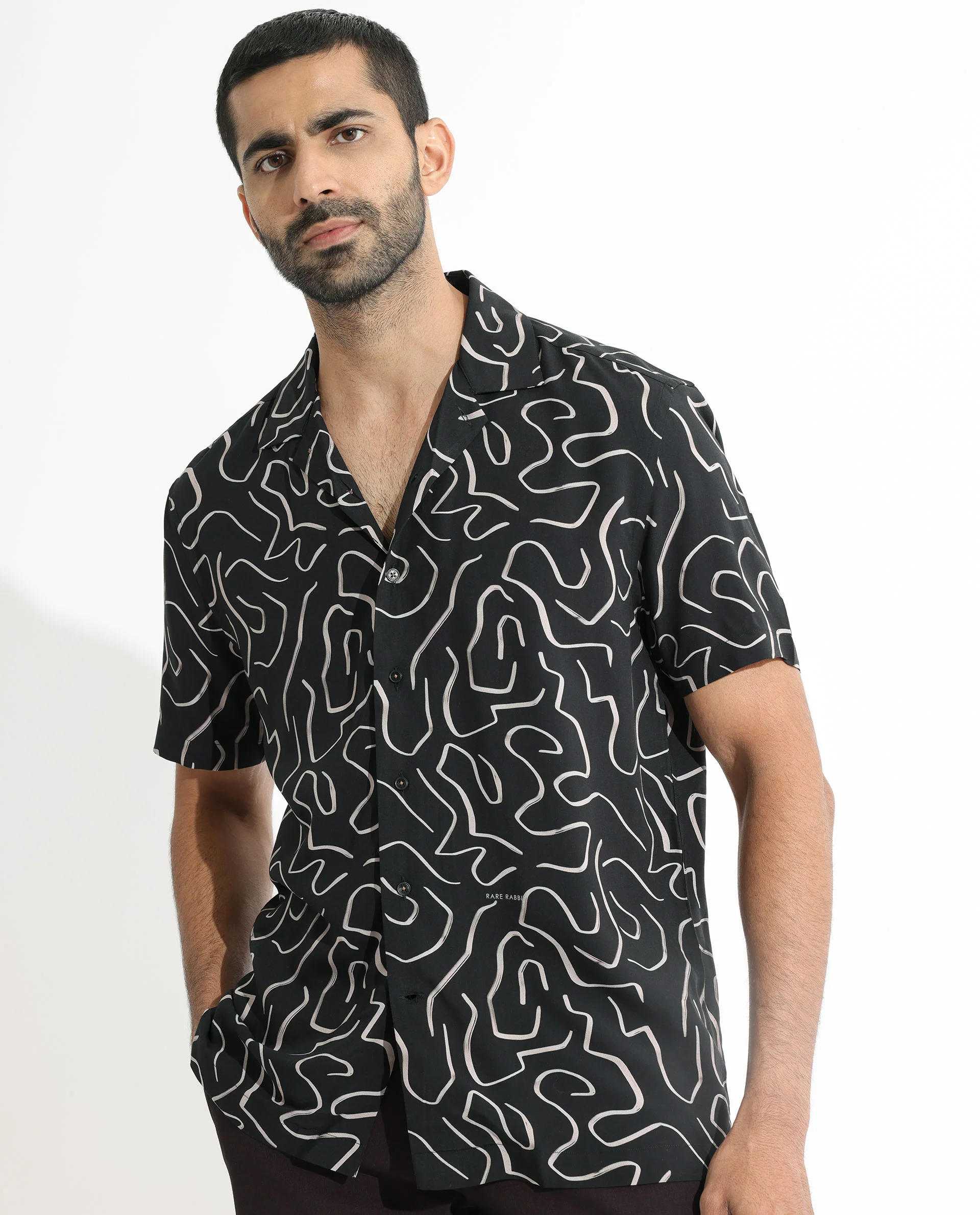 Rare Rabbit Men's Castro Black Viscose Abstract Print Regular Fit Half Sleeve Cuban Collar Shirt - Image 7