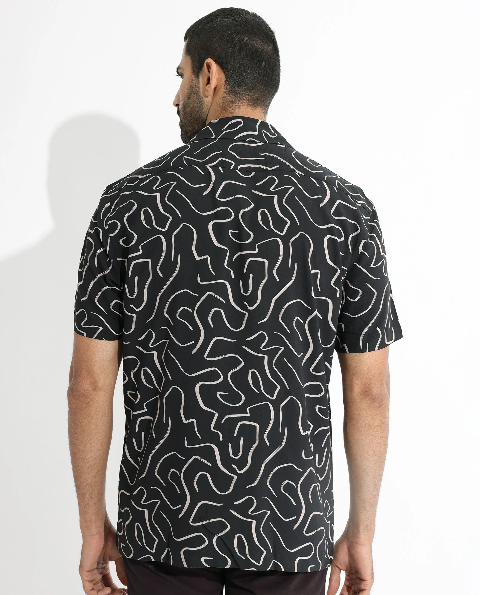 Rare Rabbit Men's Castro Black Viscose Abstract Print Regular Fit Half Sleeve Cuban Collar Shirt - Image 8