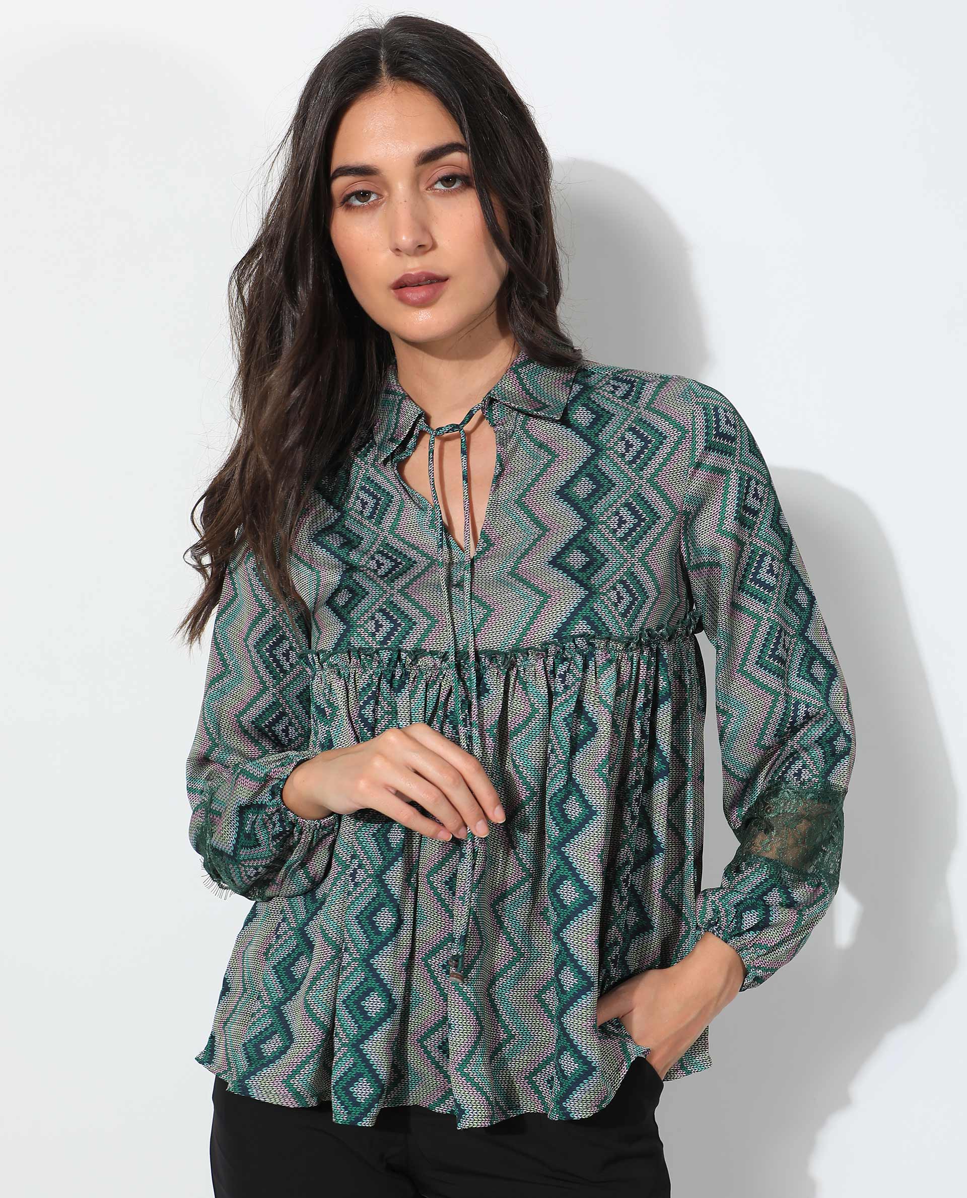 Rareism Women's Cataline Olive Polyester Tie-Up Neck Geometric Print Regular Fit Top