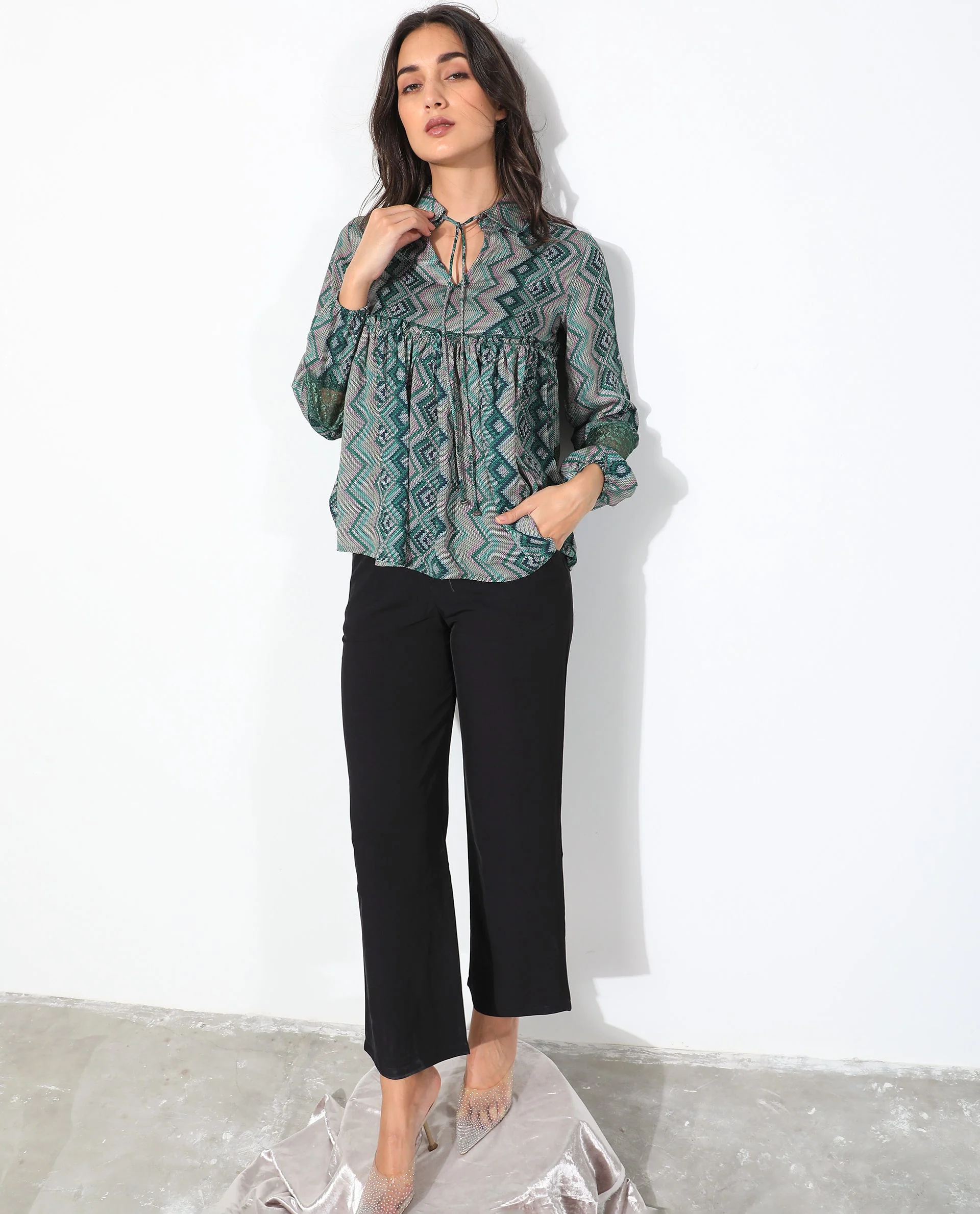 Rareism Women's Cataline Olive Polyester Tie-Up Neck Geometric Print Regular Fit Top - Image 2