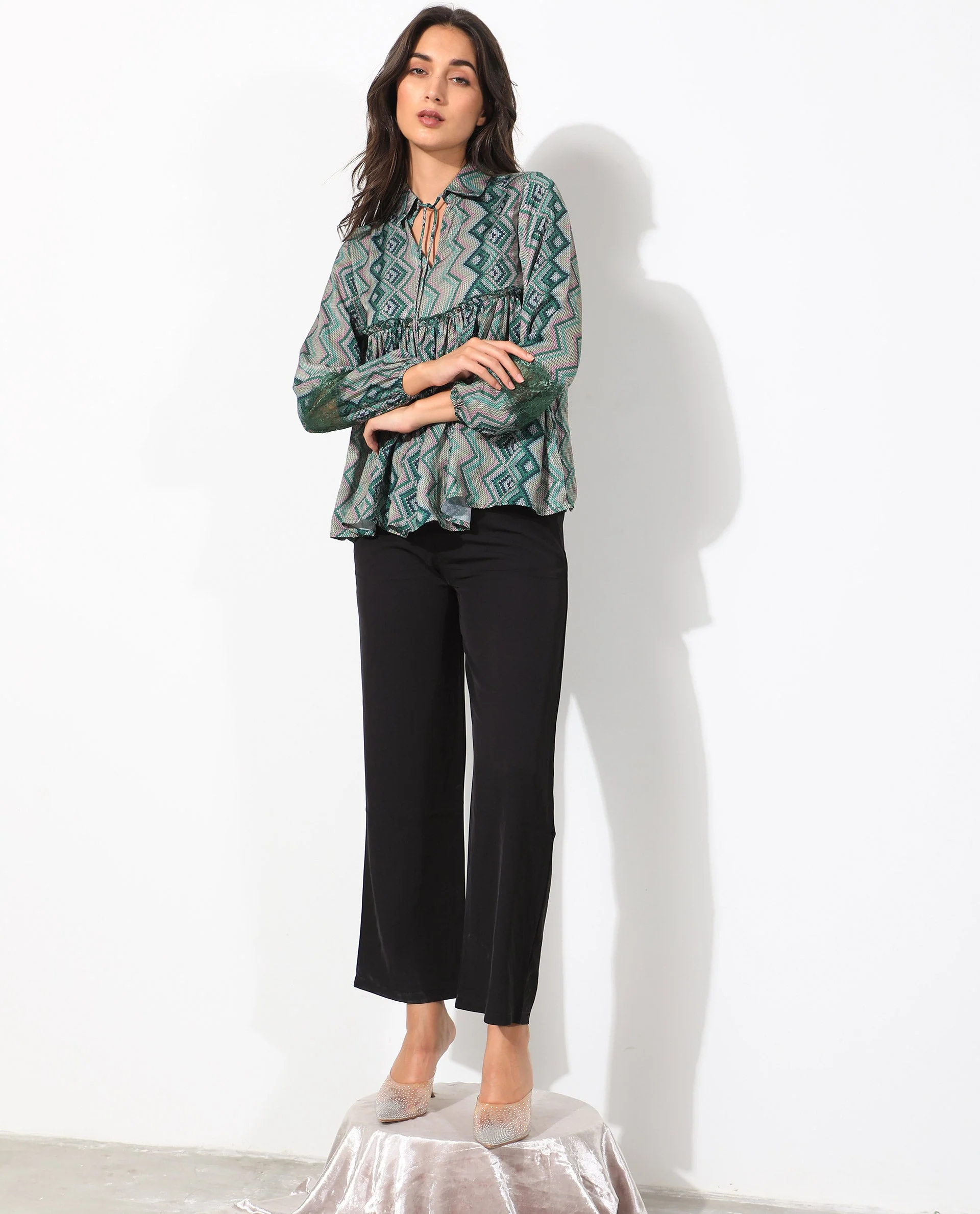 Rareism Women's Cataline Olive Polyester Tie-Up Neck Geometric Print Regular Fit Top - Image 3