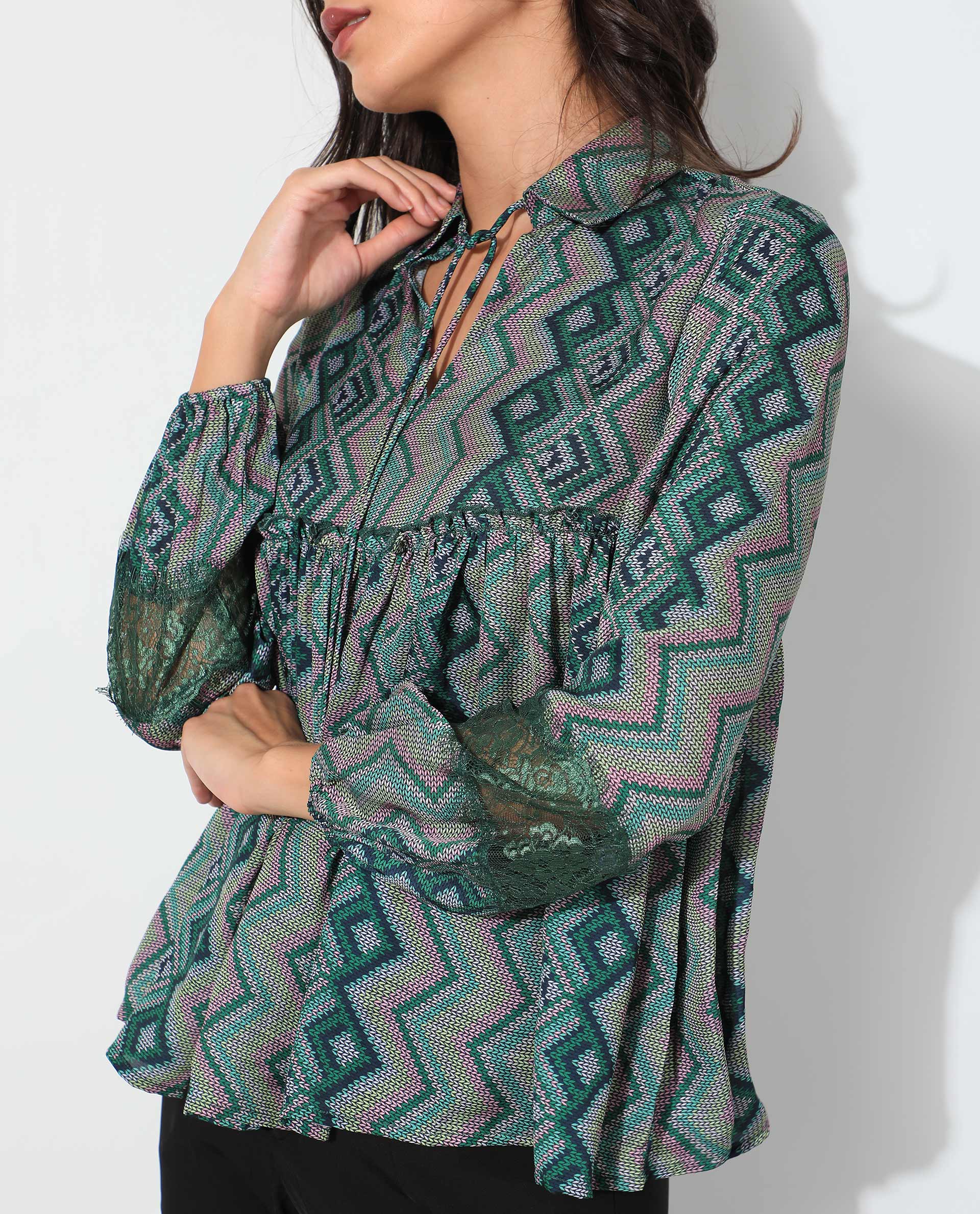 Rareism Women's Cataline Olive Polyester Tie-Up Neck Geometric Print Regular Fit Top - Image 4