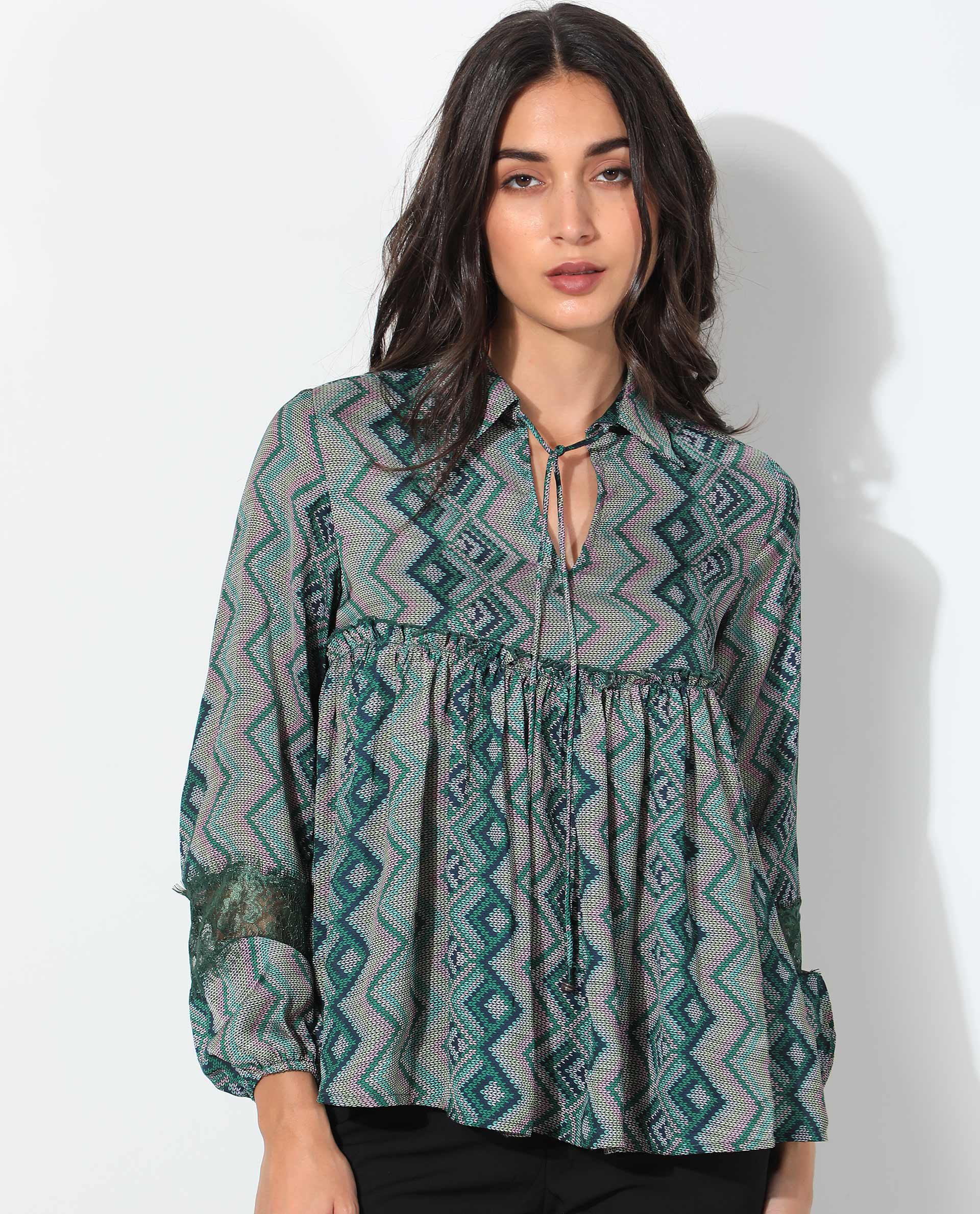 Rareism Women's Cataline Olive Polyester Tie-Up Neck Geometric Print Regular Fit Top - Image 5