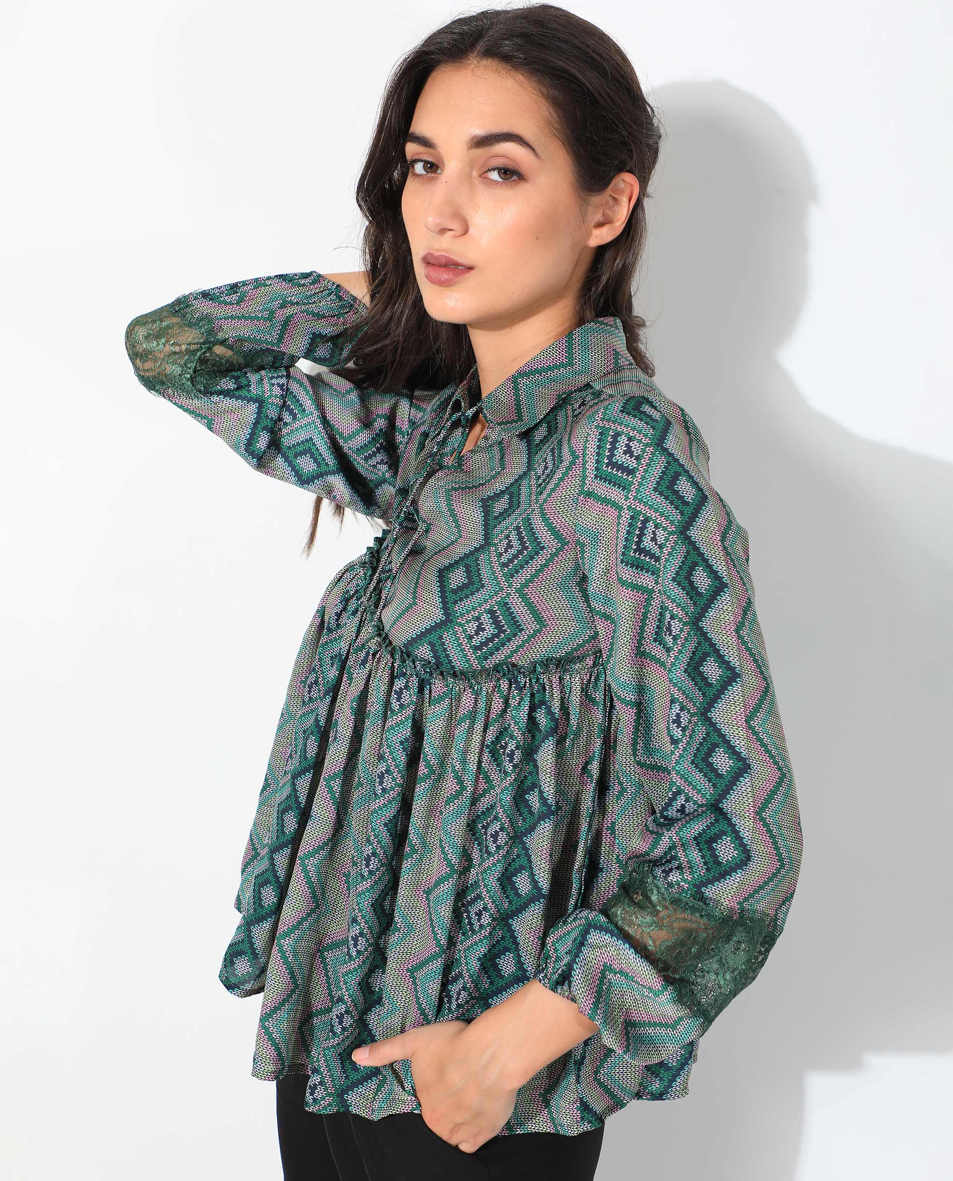 Rareism Women's Cataline Olive Polyester Tie-Up Neck Geometric Print Regular Fit Top - Image 6