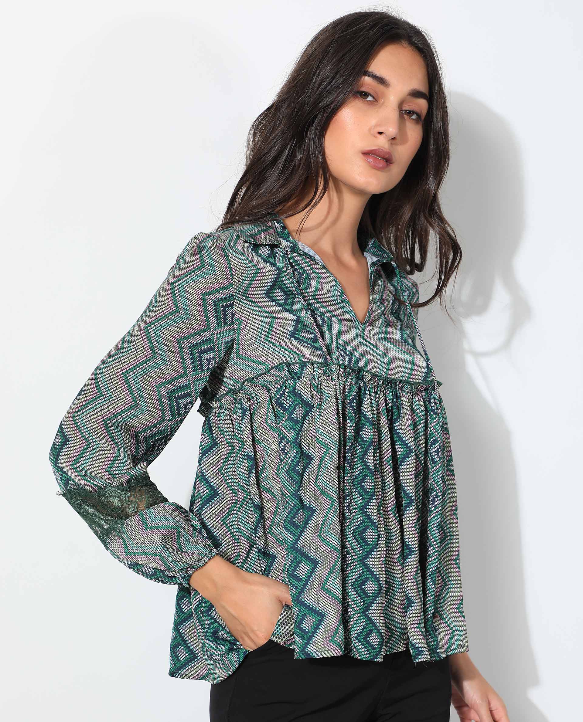 Rareism Women's Cataline Olive Polyester Tie-Up Neck Geometric Print Regular Fit Top - Image 7