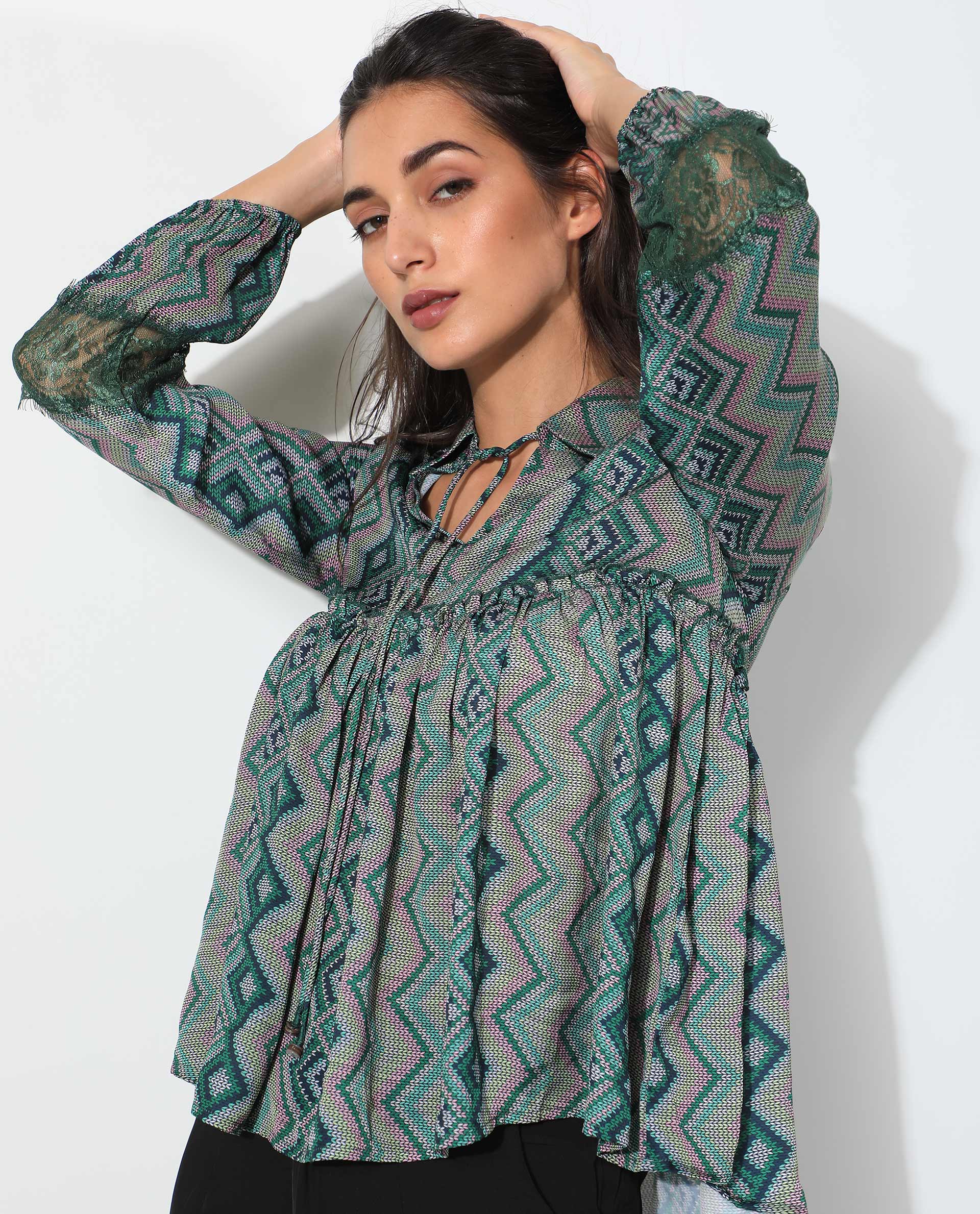 Rareism Women's Cataline Olive Polyester Tie-Up Neck Geometric Print Regular Fit Top - Image 8