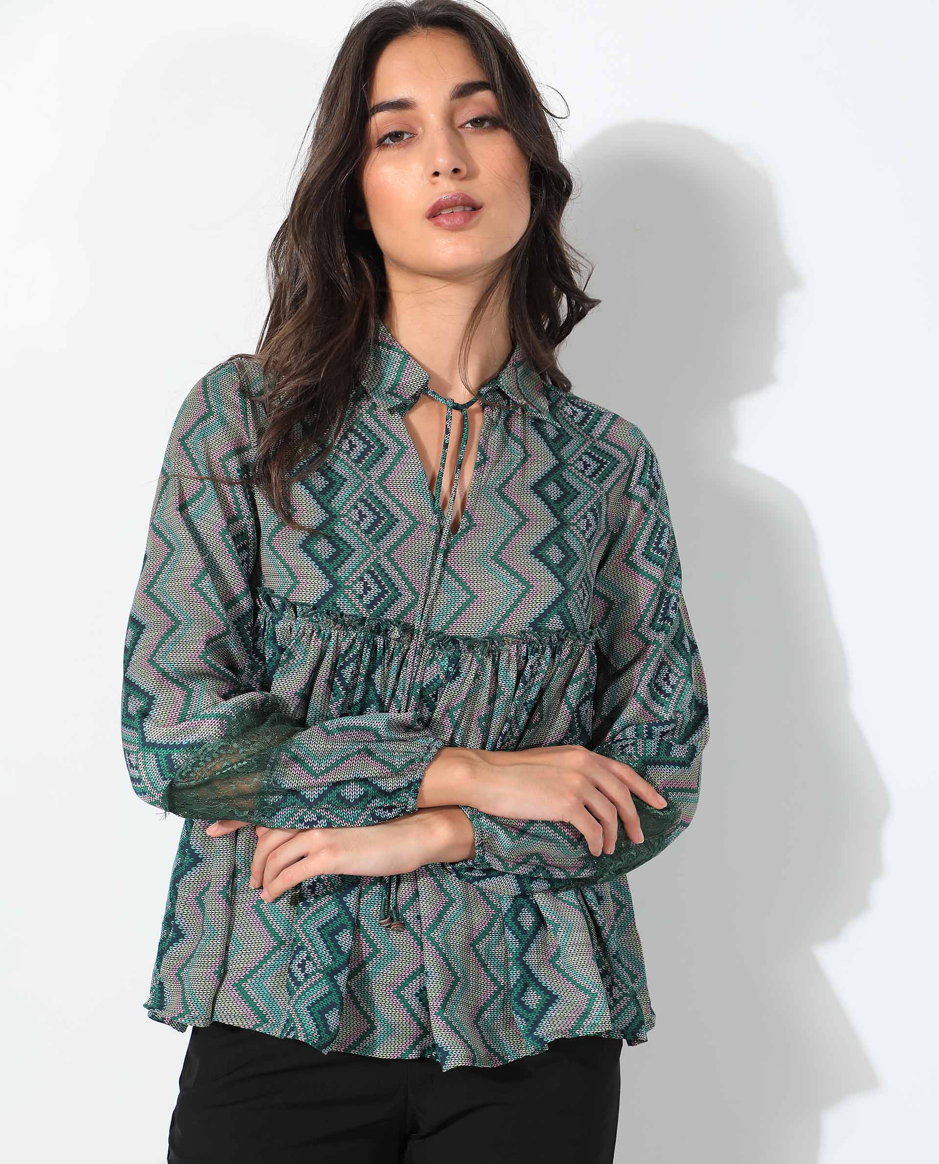 Rareism Women's Cataline Olive Polyester Tie-Up Neck Geometric Print Regular Fit Top - Image 9