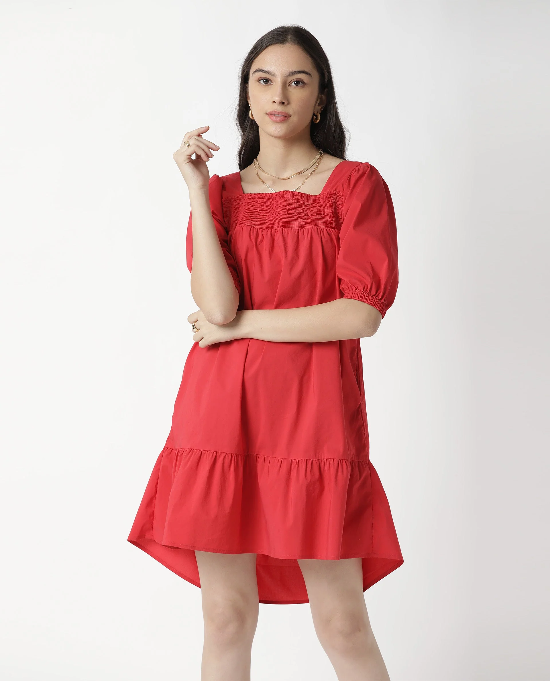 Rareism Womens Catchy Red Dress Cotton Lycra Fabric Relaxed Fit Puff Sleeves Square Neck