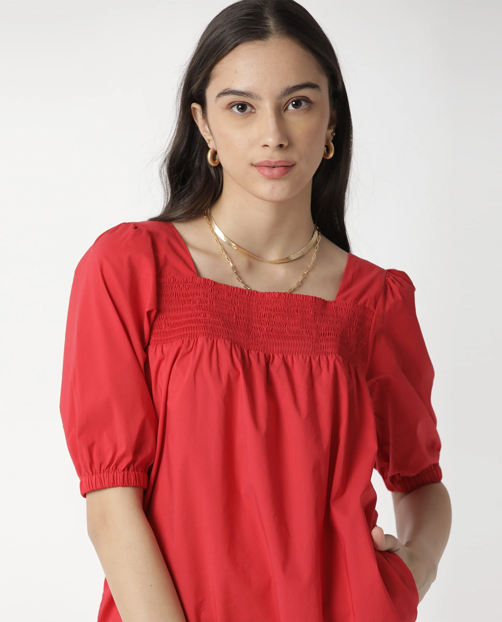 Rareism Womens Catchy Red Dress Cotton Lycra Fabric Relaxed Fit Puff Sleeves Square Neck - Image 2
